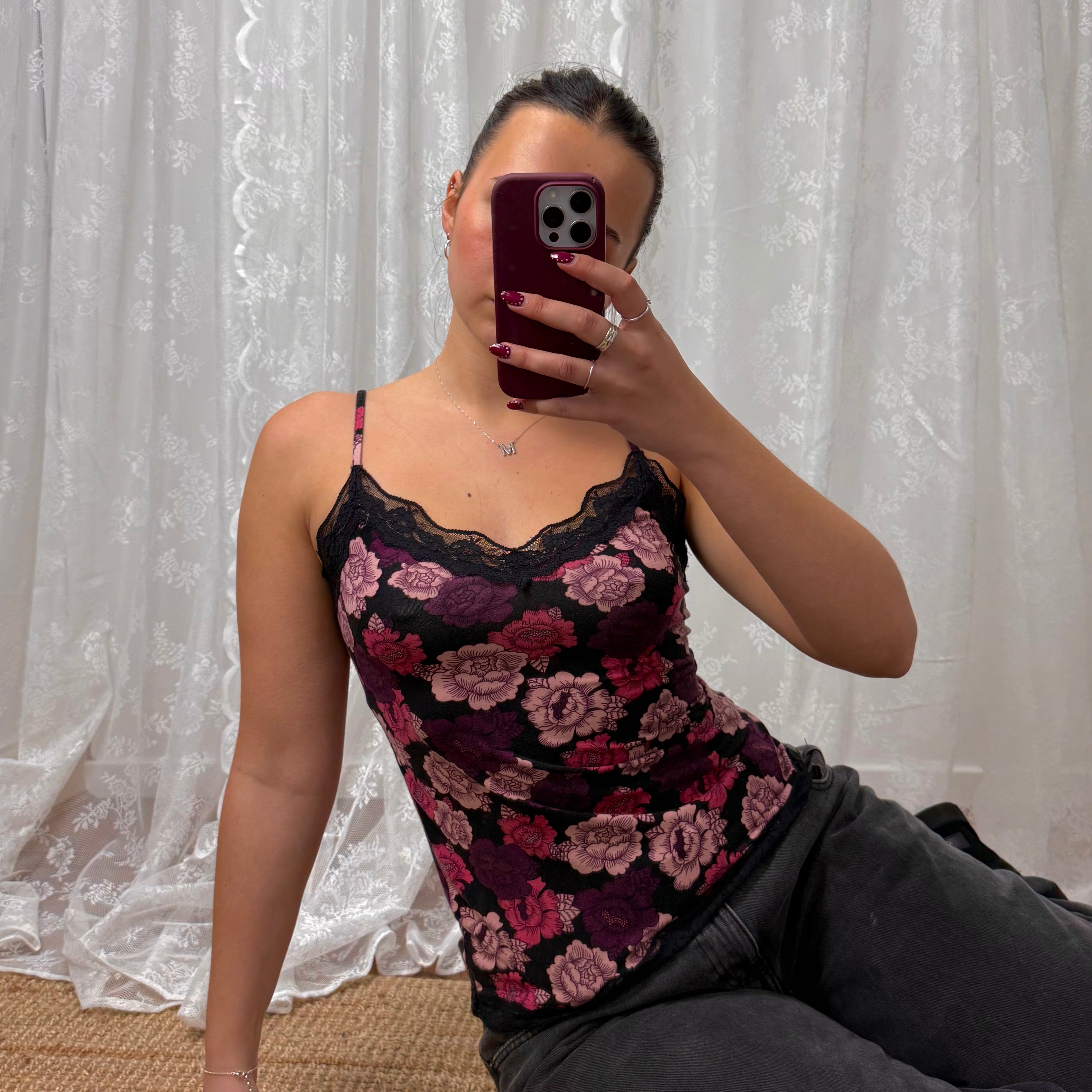 Black and pink floral lace cami top