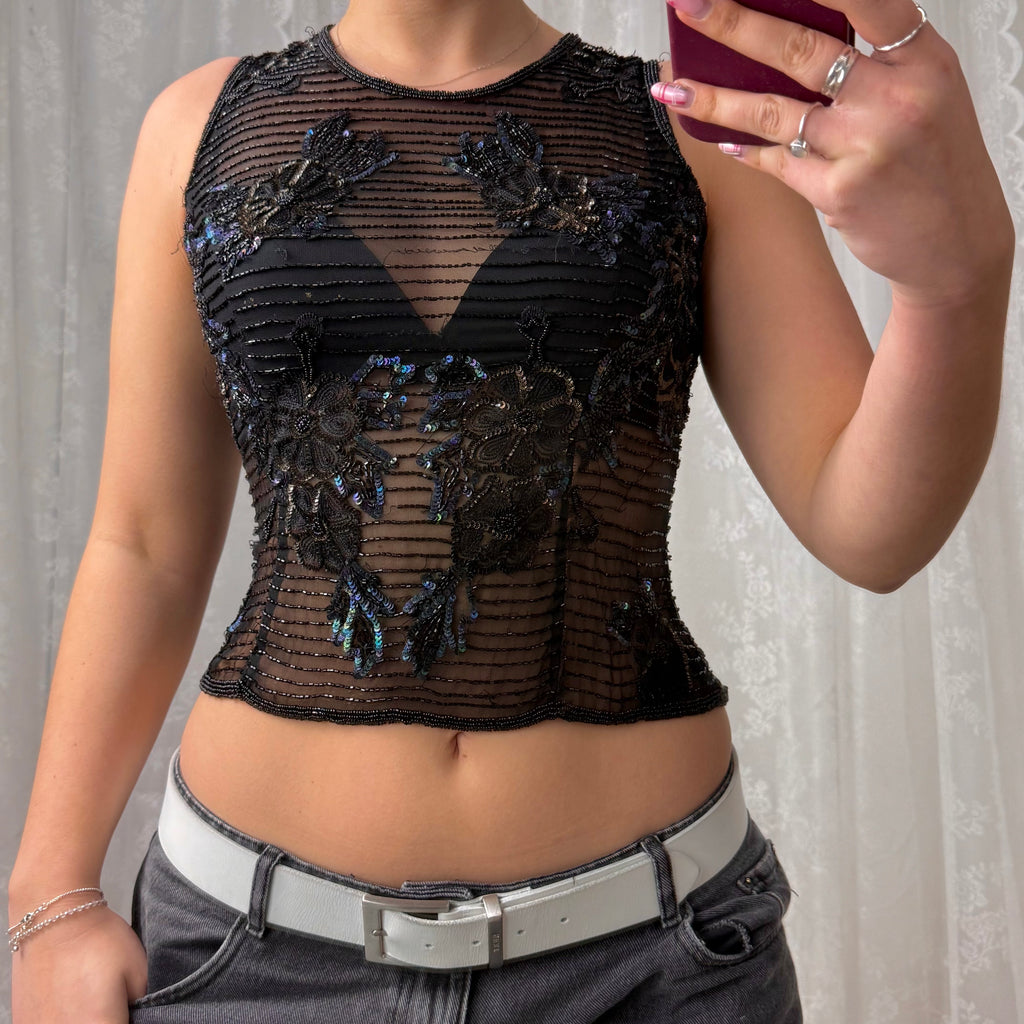 Black sequin beaded silk top
