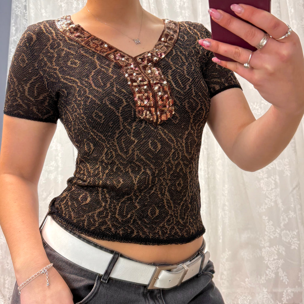 Brown sequin short sleeves knitted top