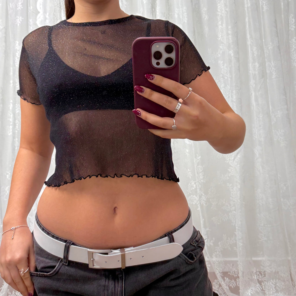 Black glittery mesh top
