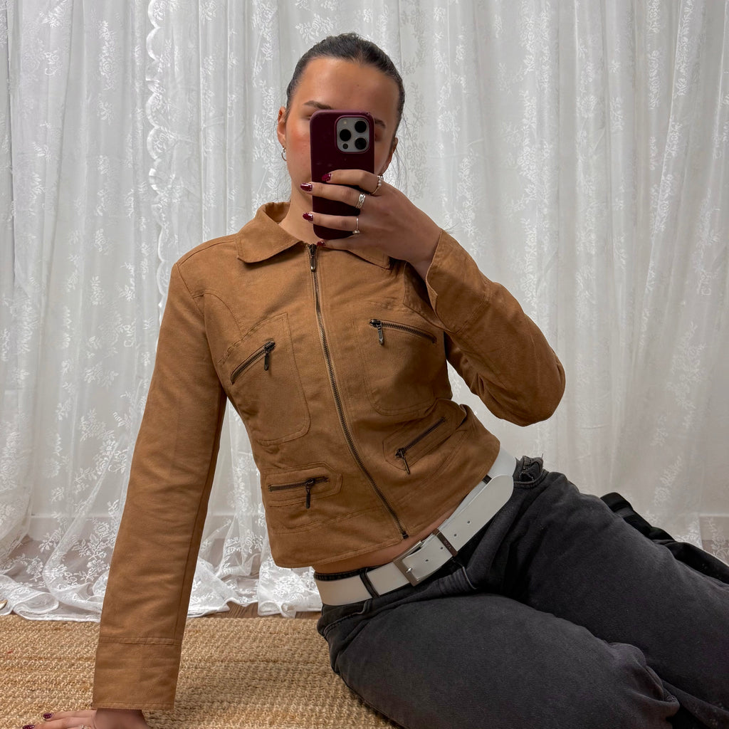 Tan brown suede style jacket with collared detail