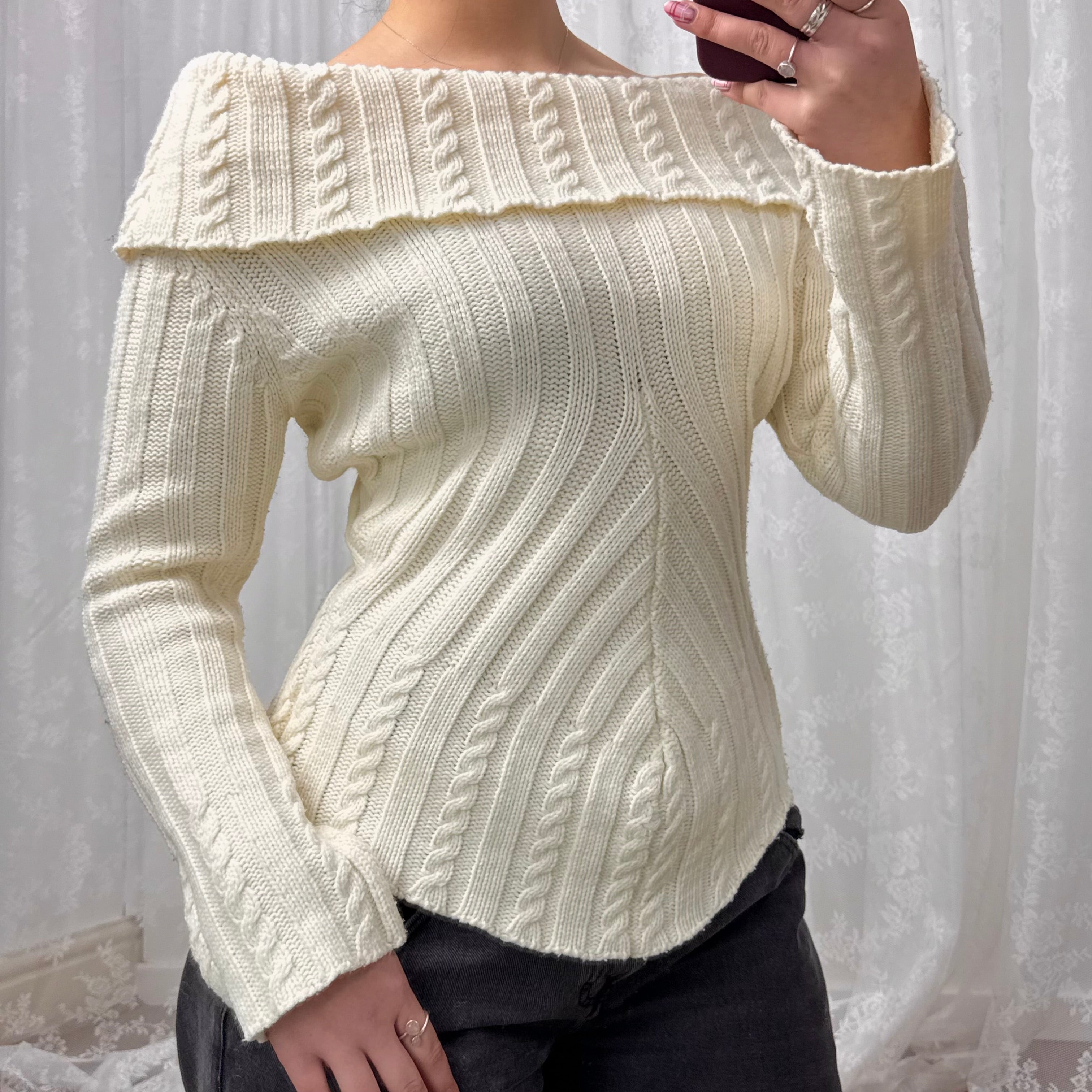 Cream off the shoulder chunky knit sweater