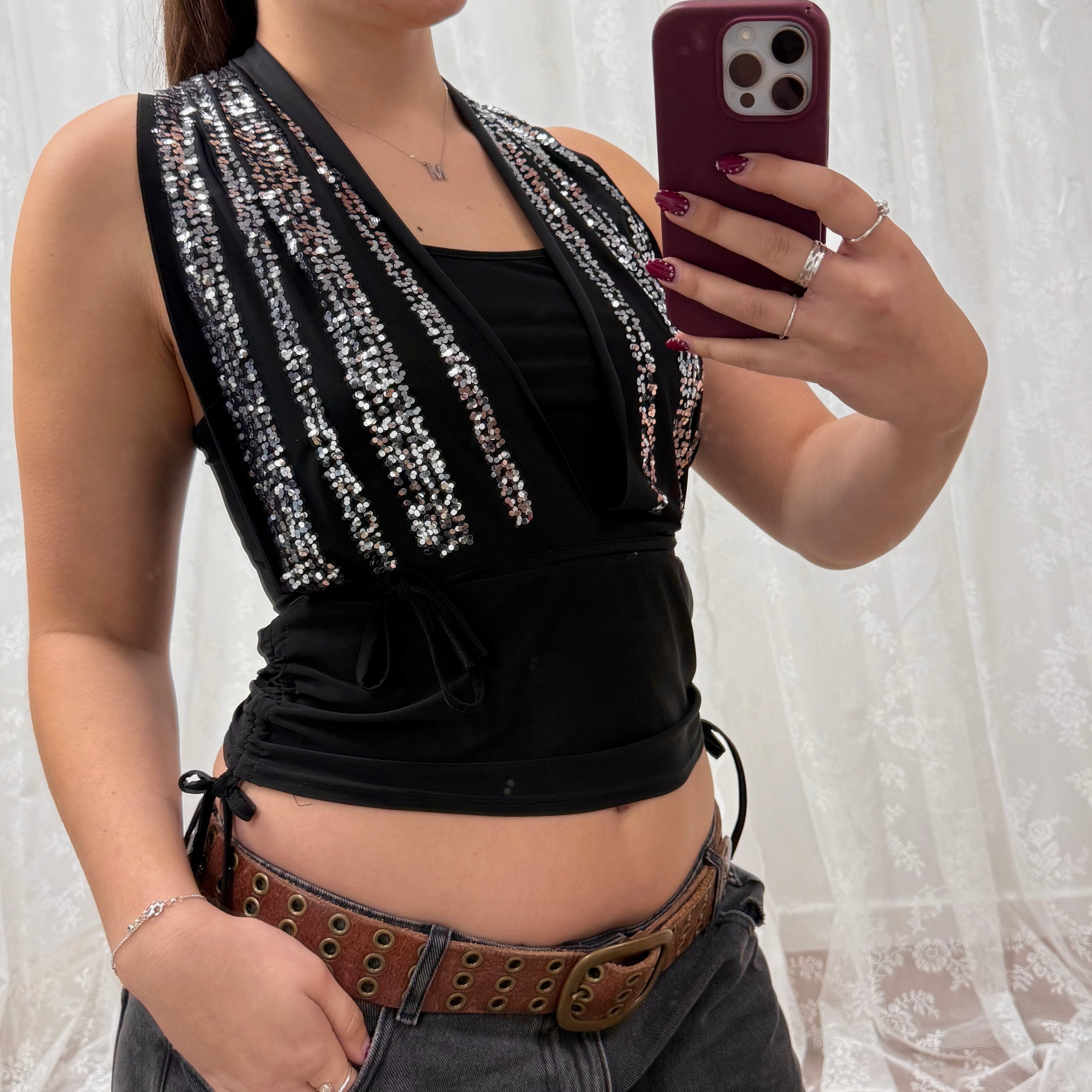 Black double layered glittery cowl neck top with tie around detail