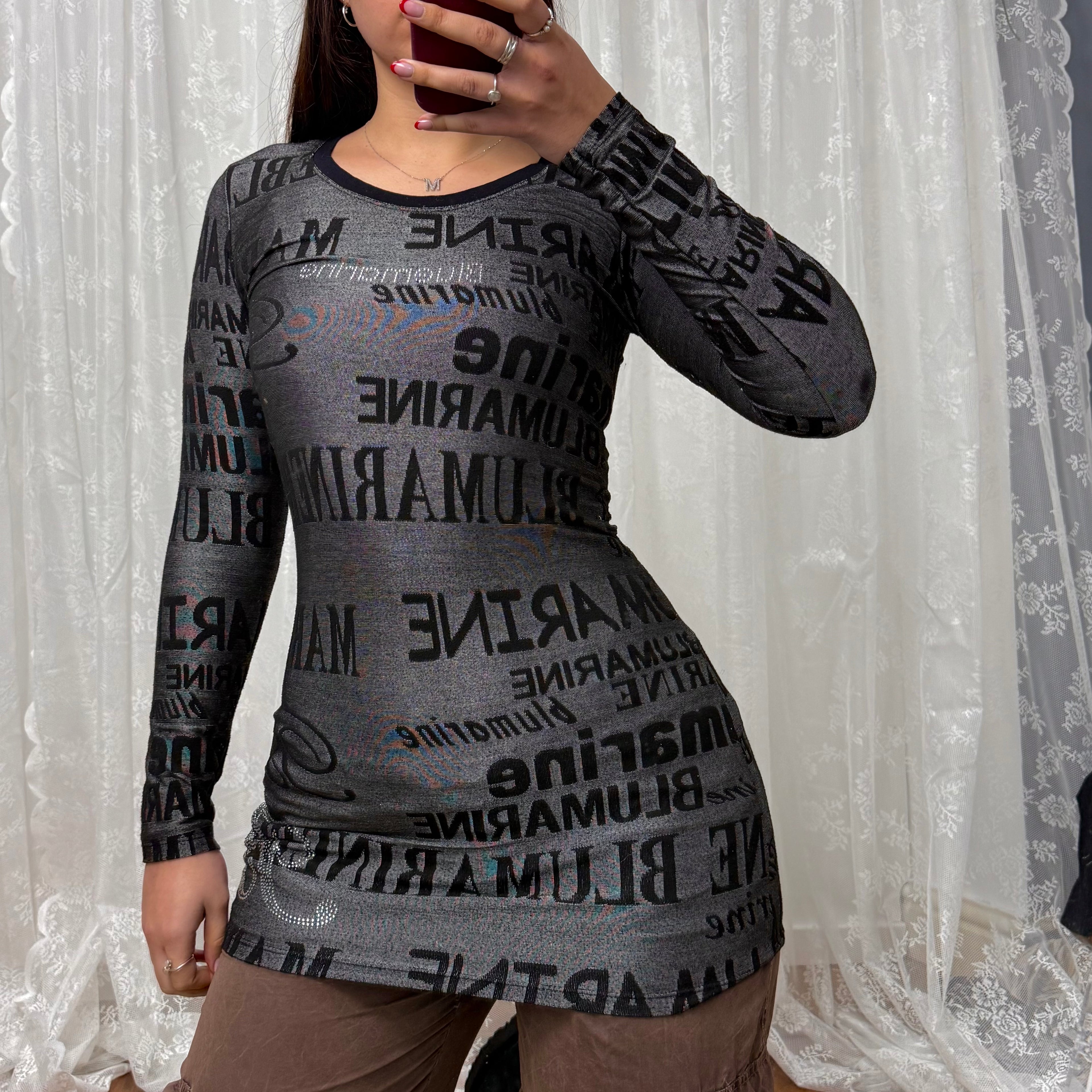 Grey and black logo mini dress with rhinestones