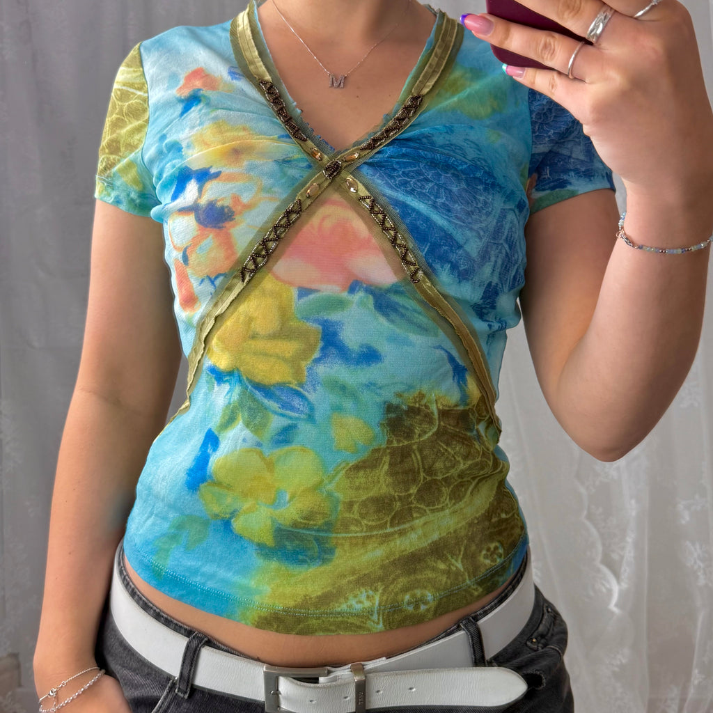 Multicoloured mesh patterned v neck top with gem detailing