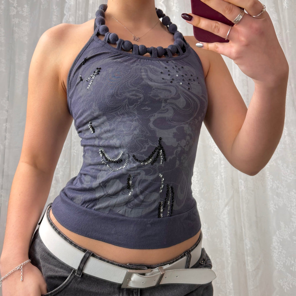Grey sequin detailed halterneck top