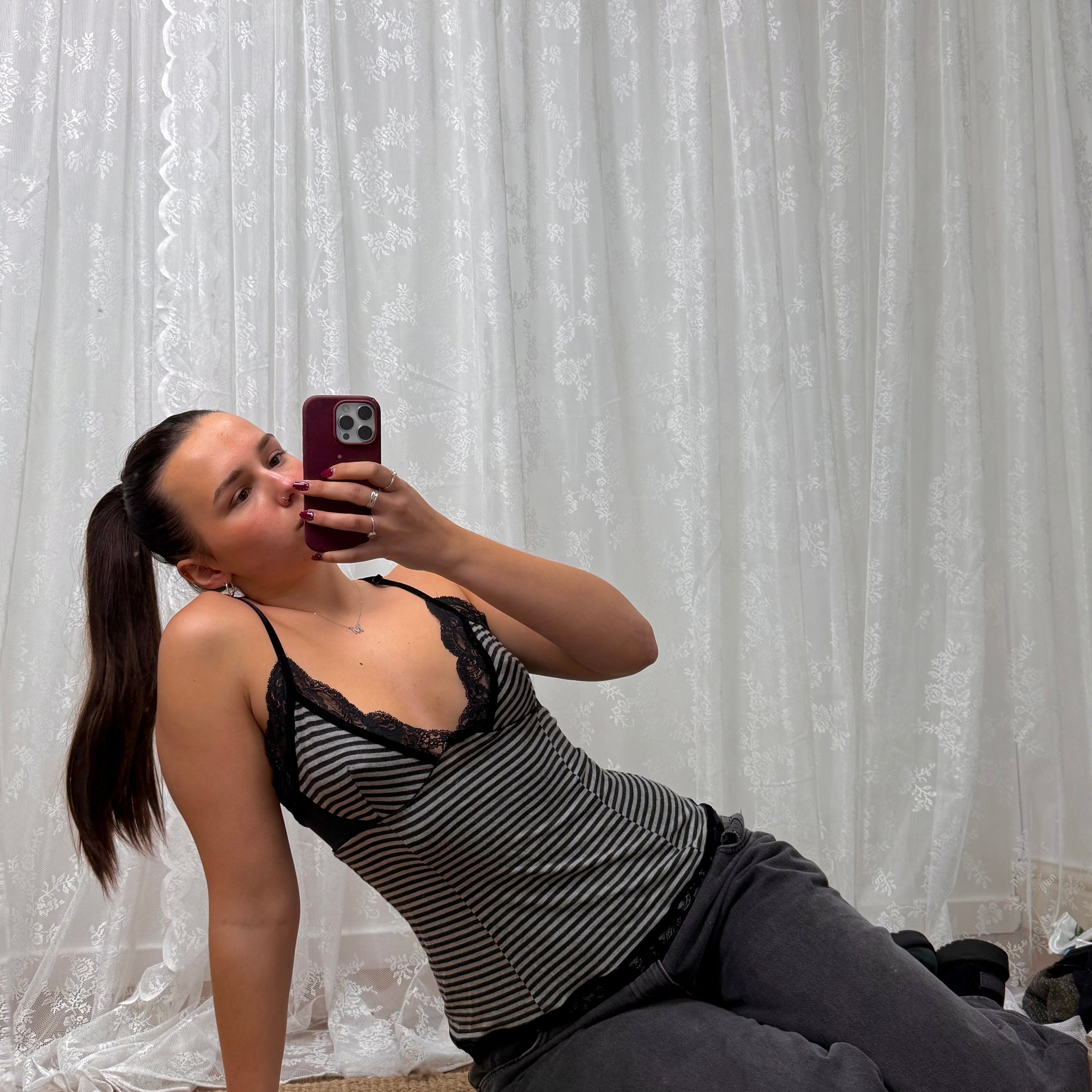 Grey and black striped lace cami top