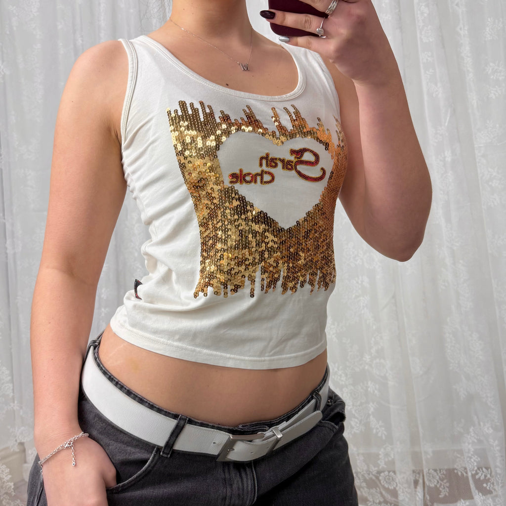 White and gold sequin tank top
