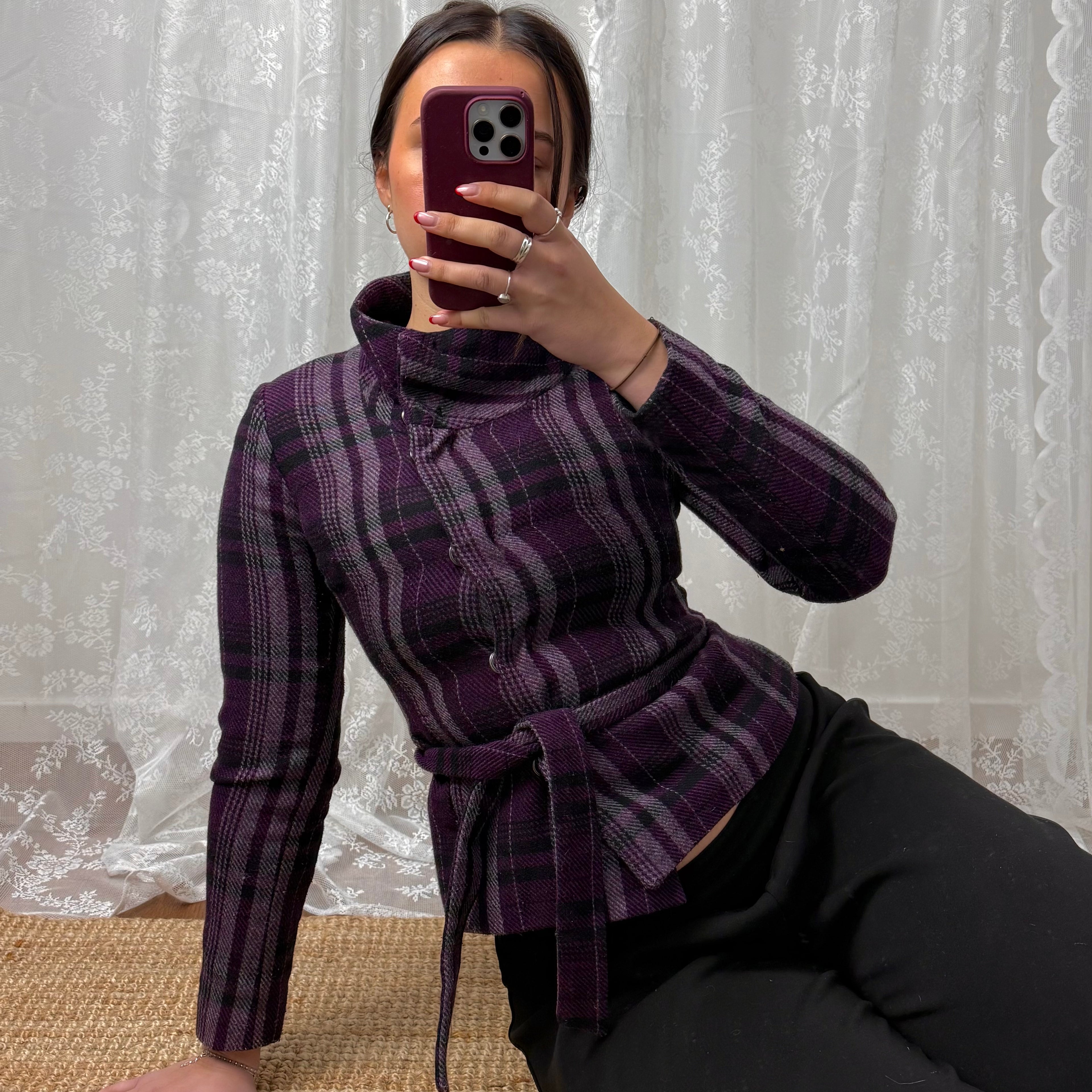 Purple plaid tie waist jacket
