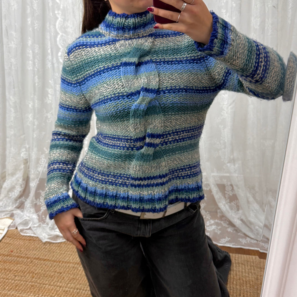 Blue and grey knit jumper with rope style detailing