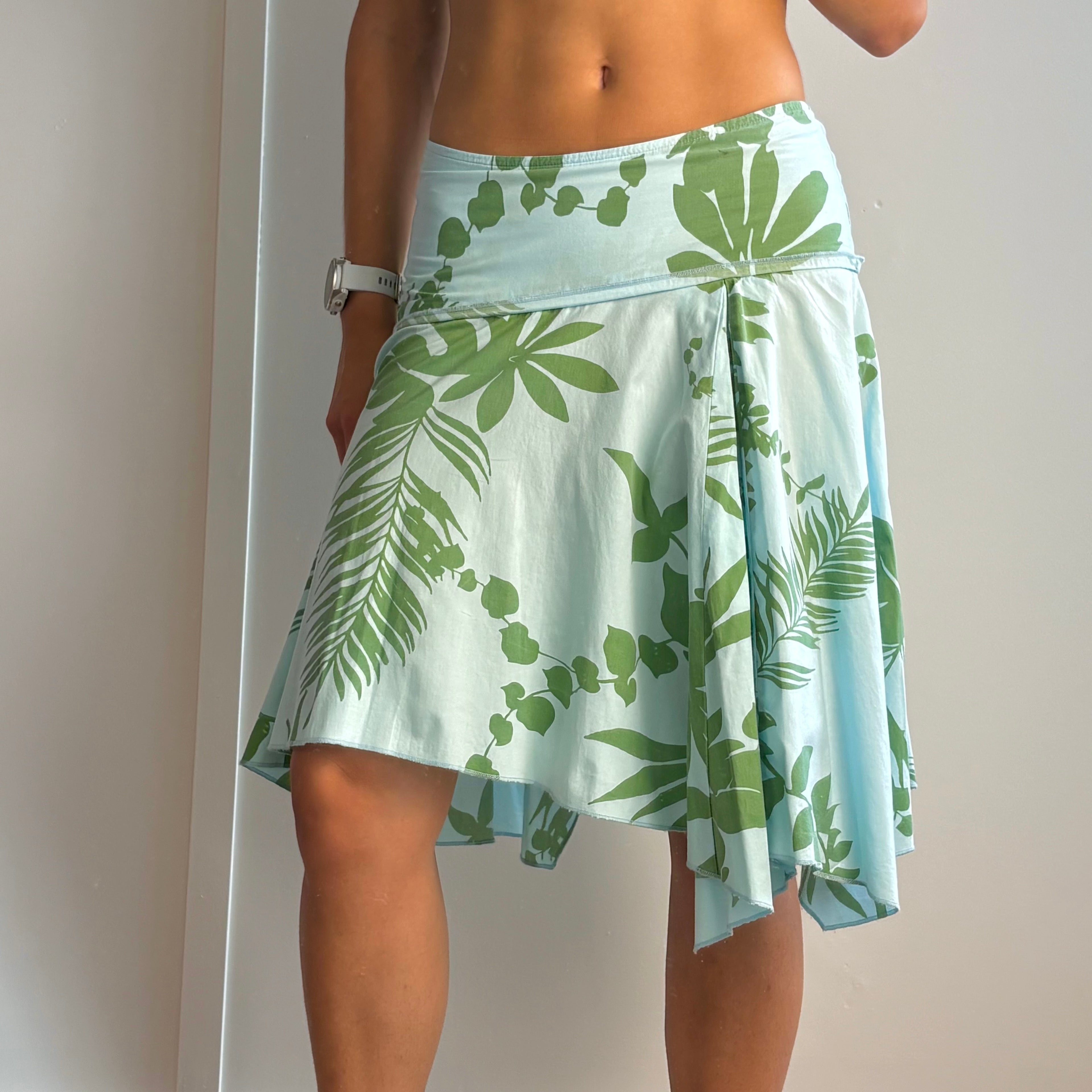 Blue and green low waisted asymmetrical midi skirt
