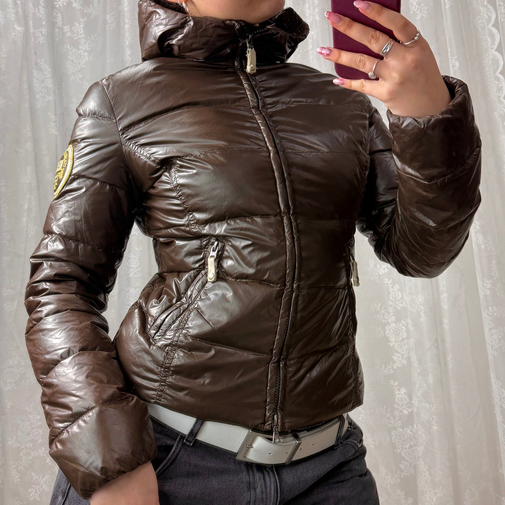Brown shiny puffer jacket with gold embroidery