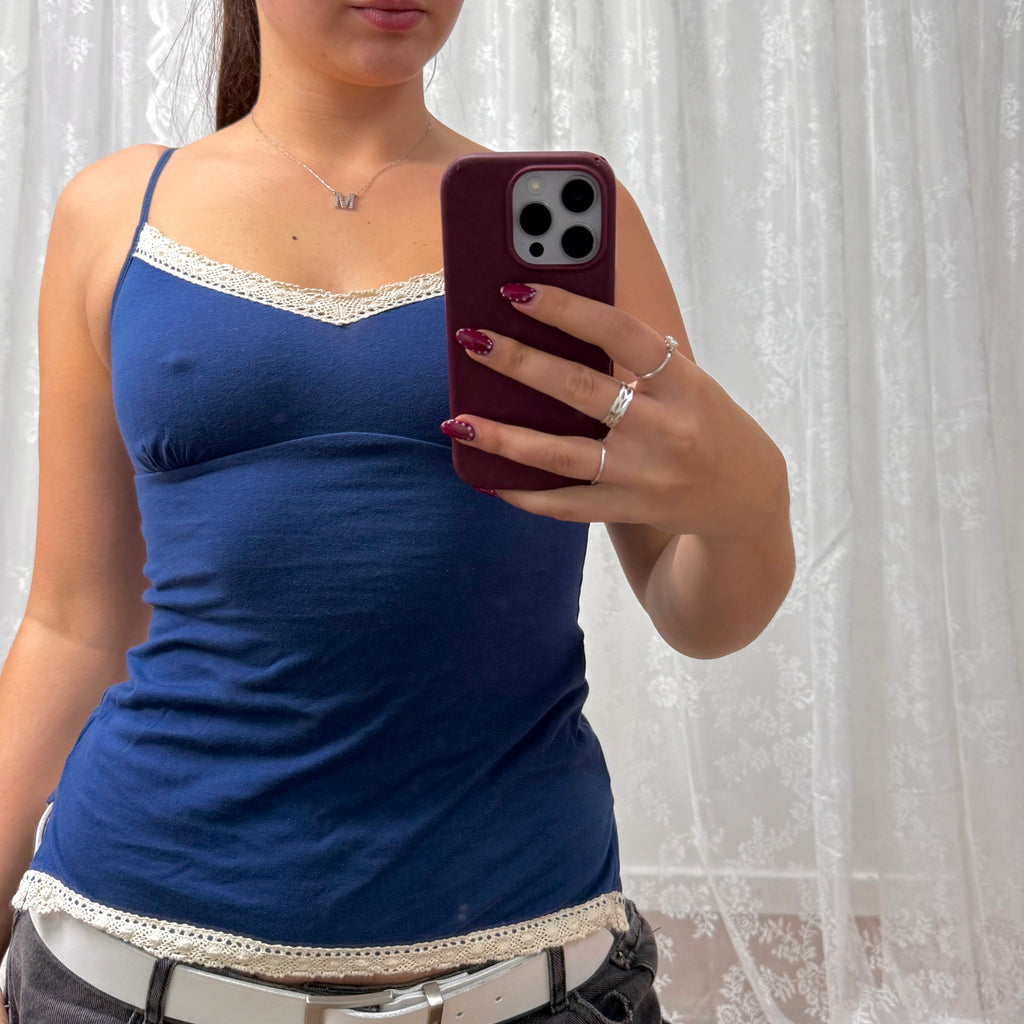 Blue and white textured cami top