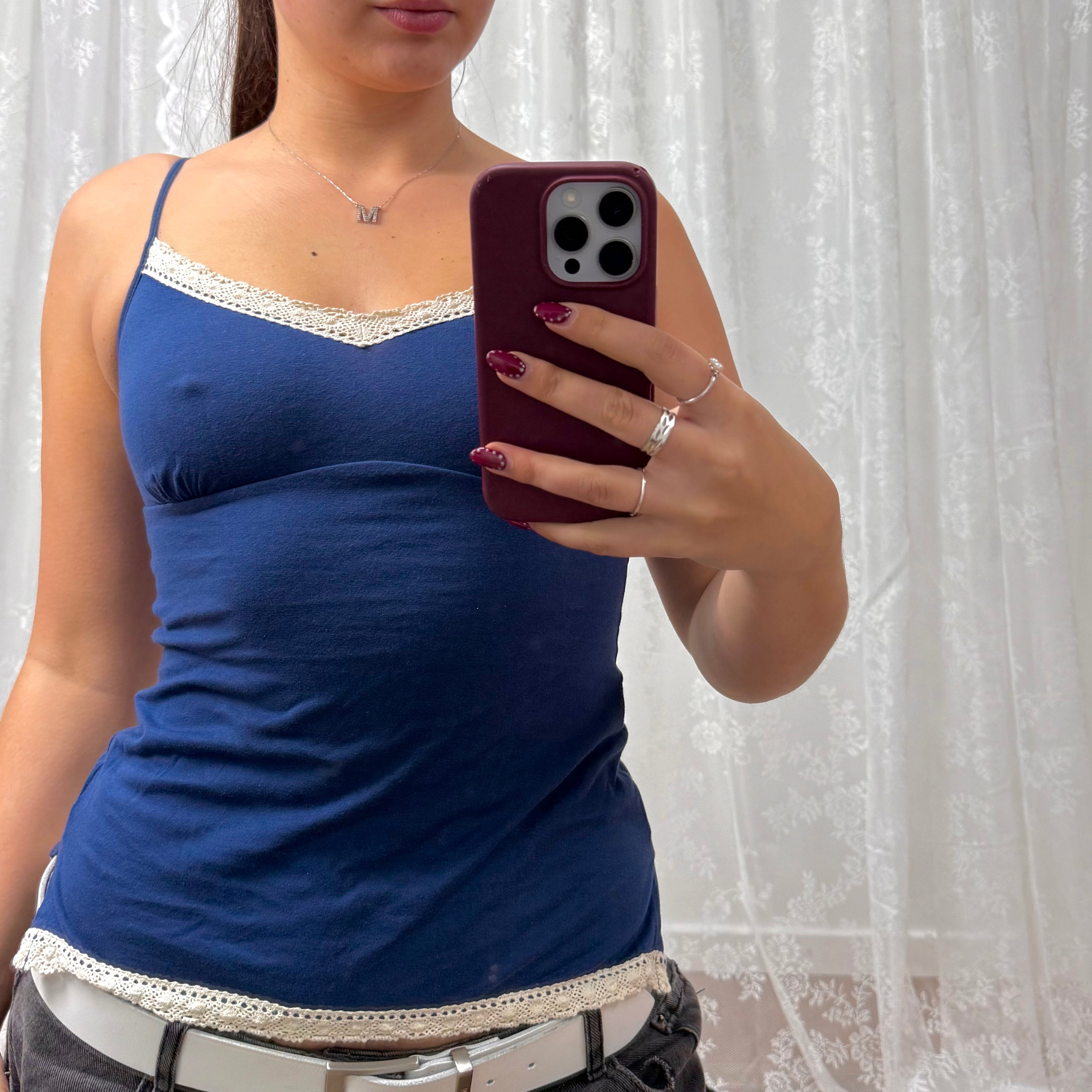 Blue and white textured cami top