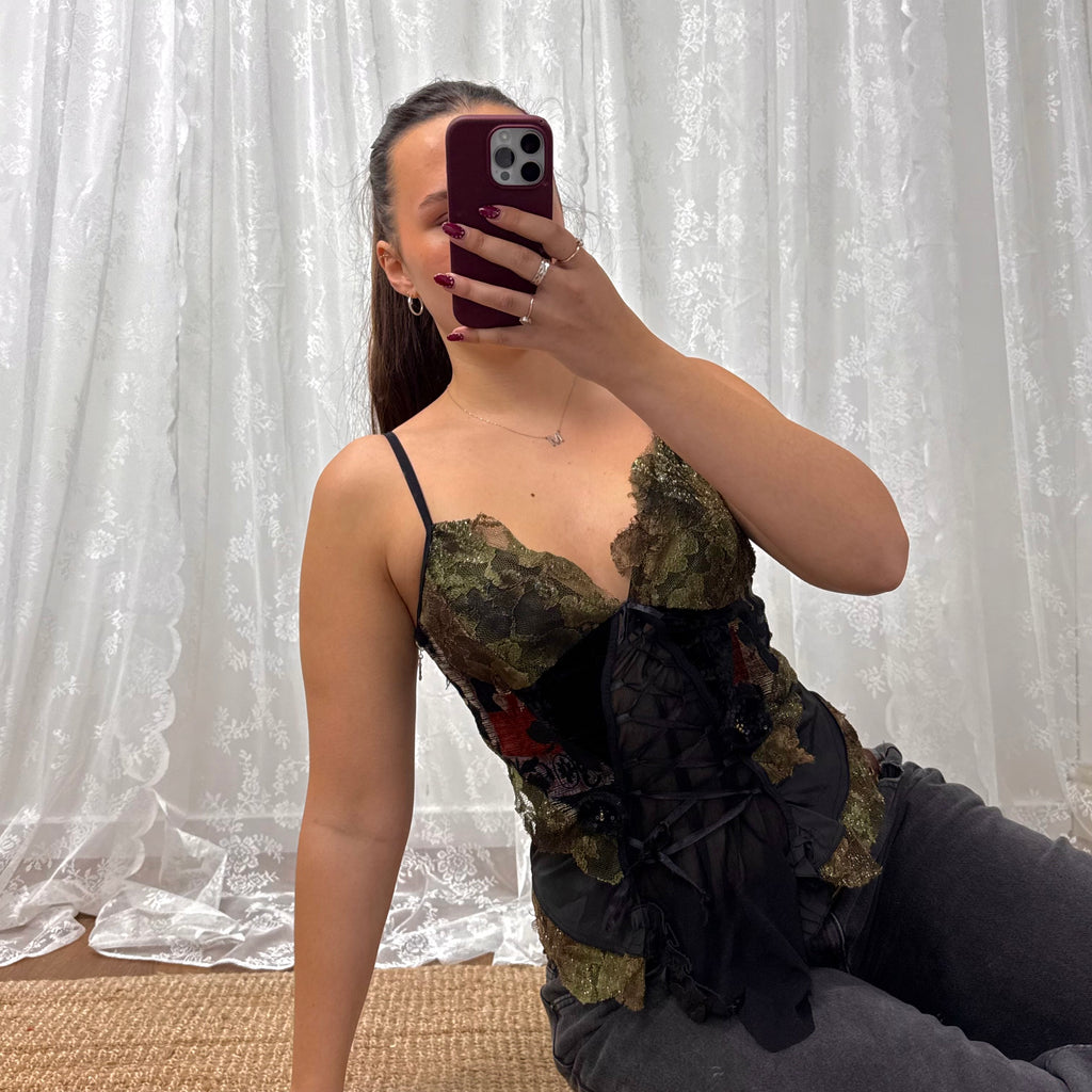 Black and green shiny corset style top