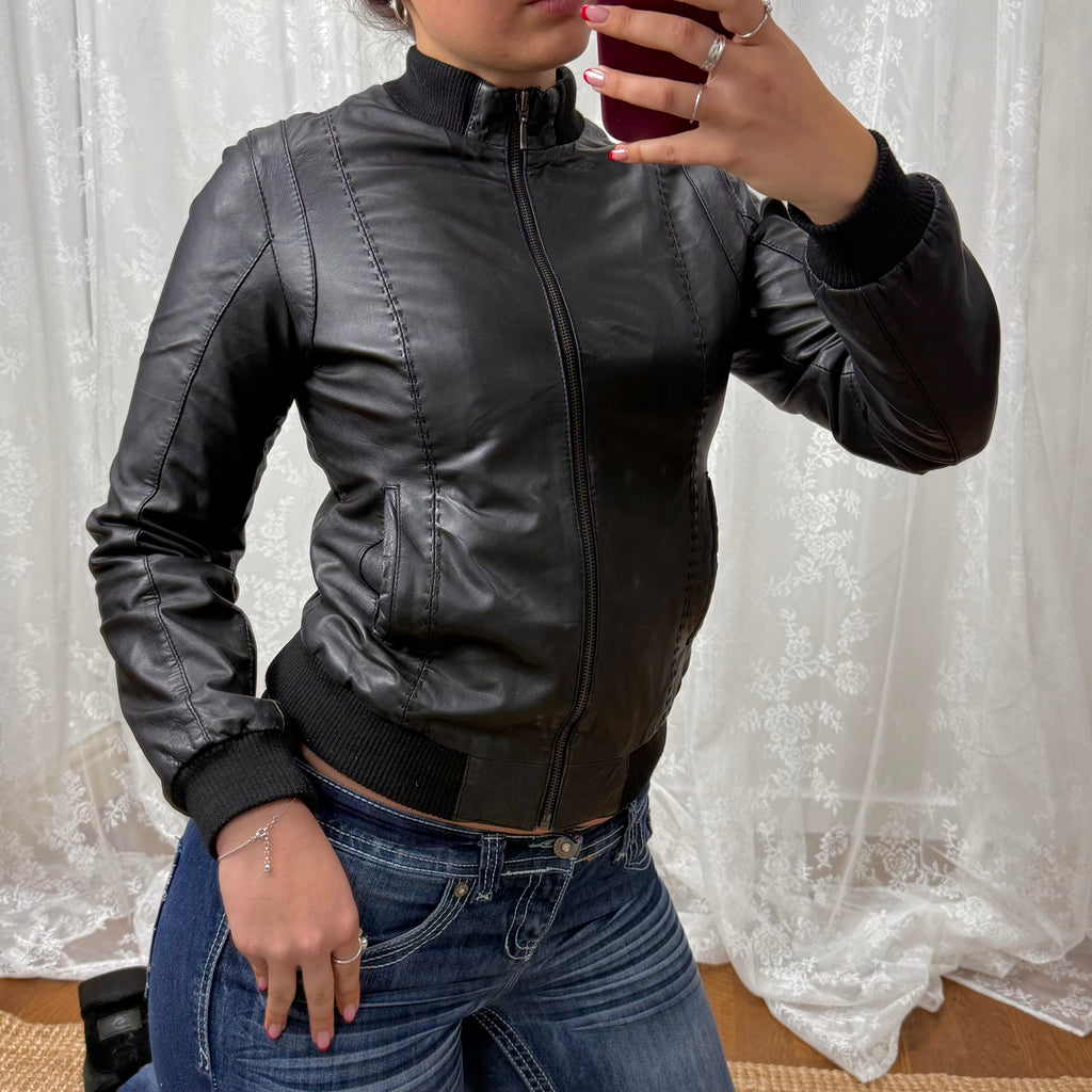 Black leather zip up bomber jacket