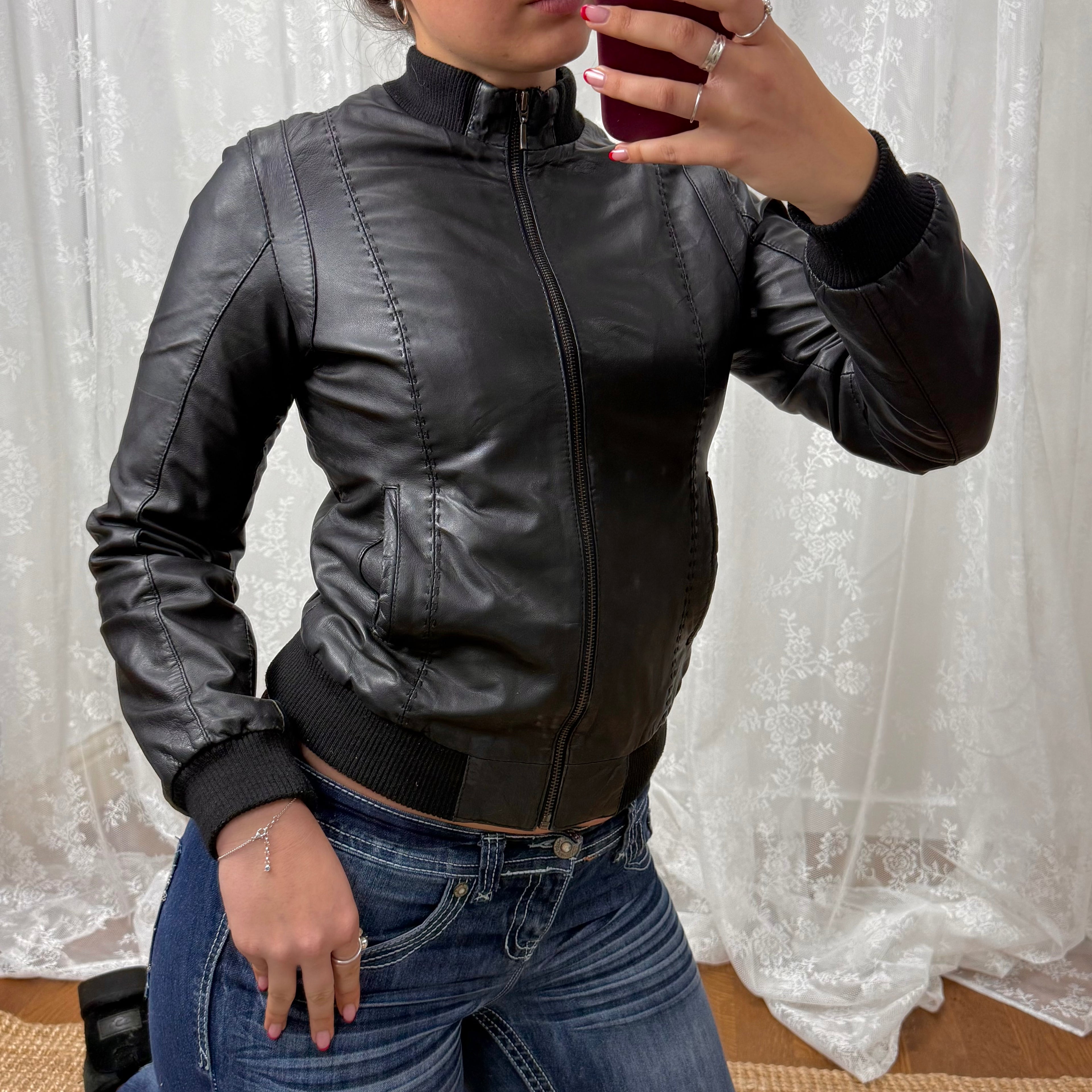 Black leather zip up bomber jacket