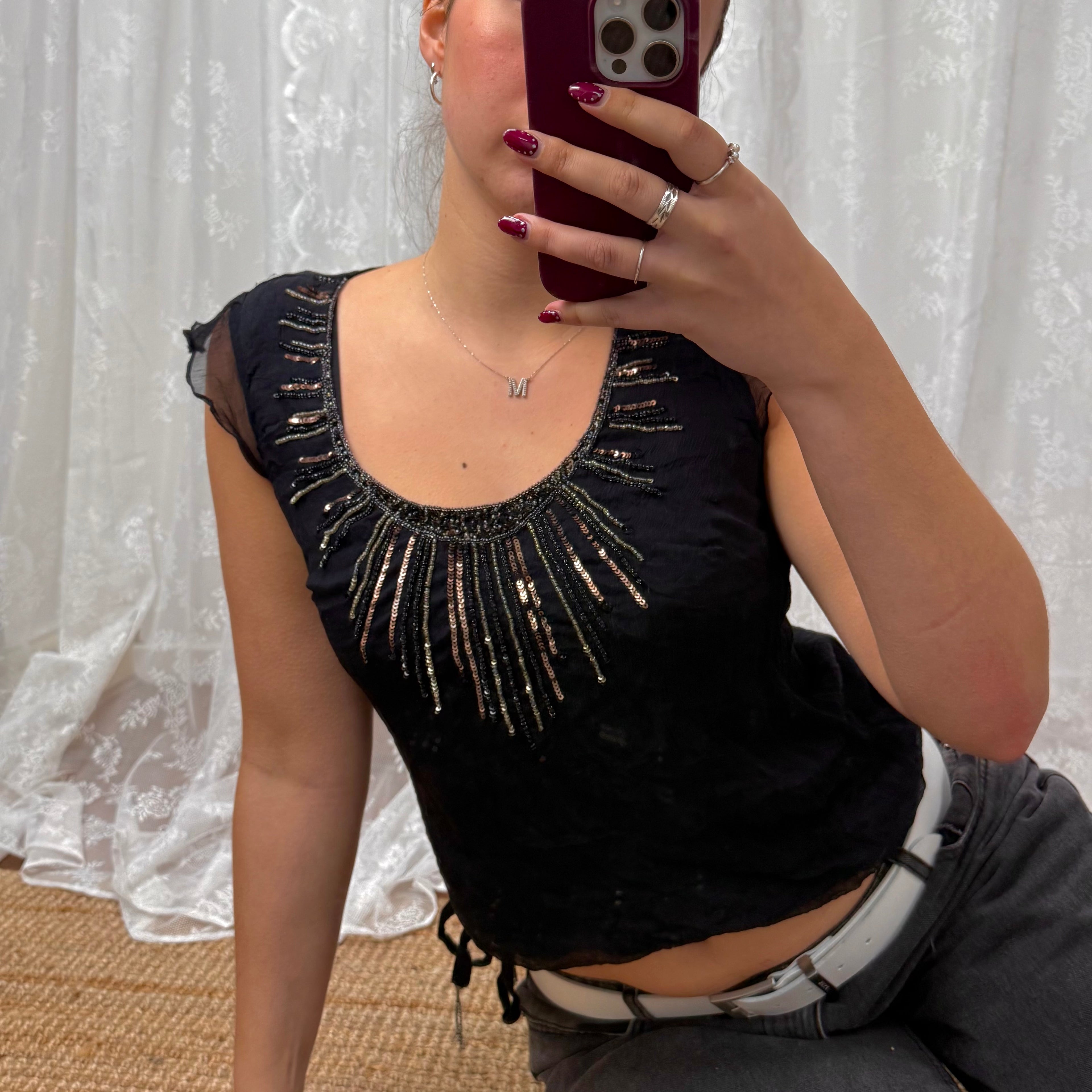 Black beaded chiffon top