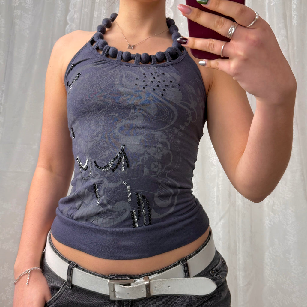 Grey sequin detailed halterneck top