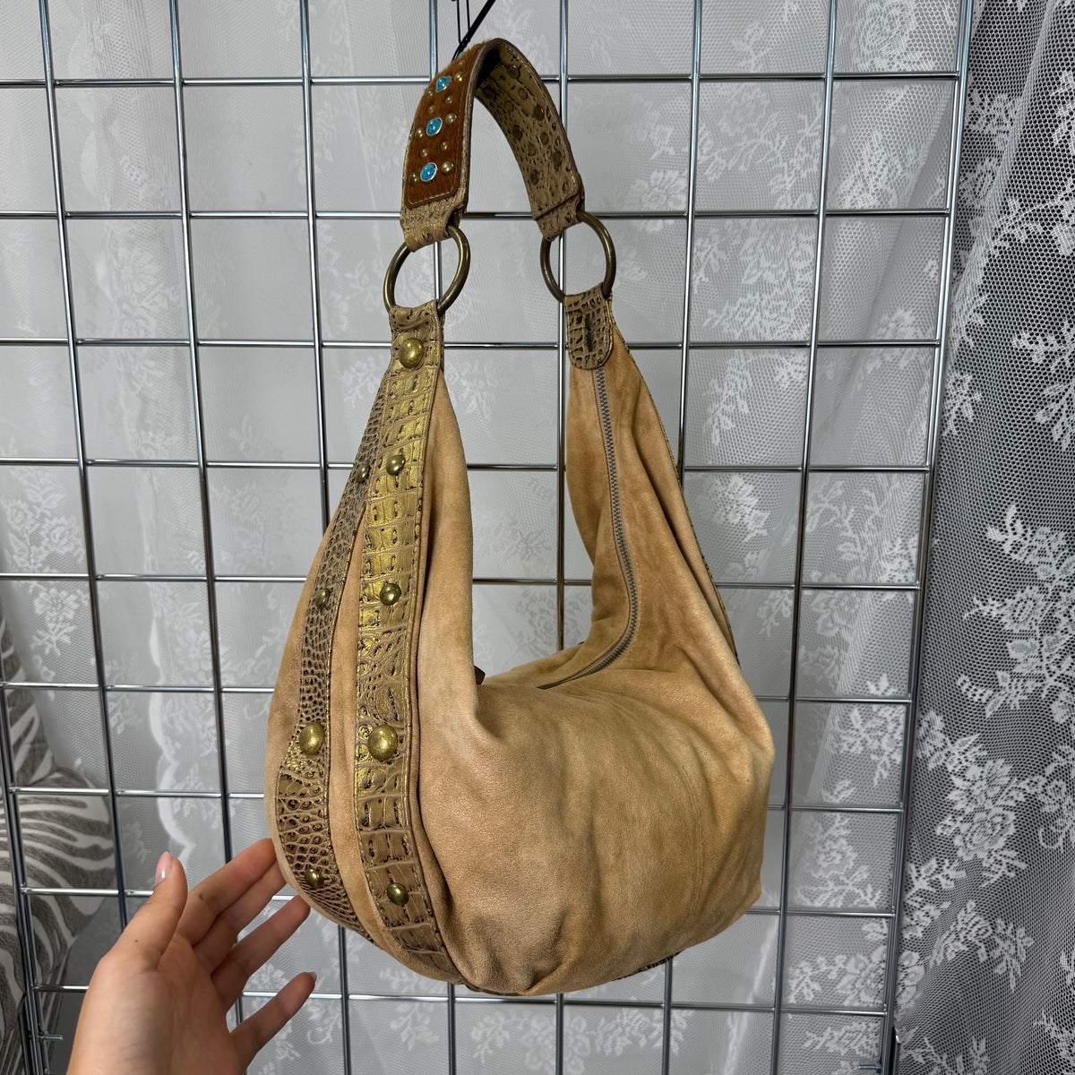 Beige suede KATHY VAN ZEALAND detailed bag