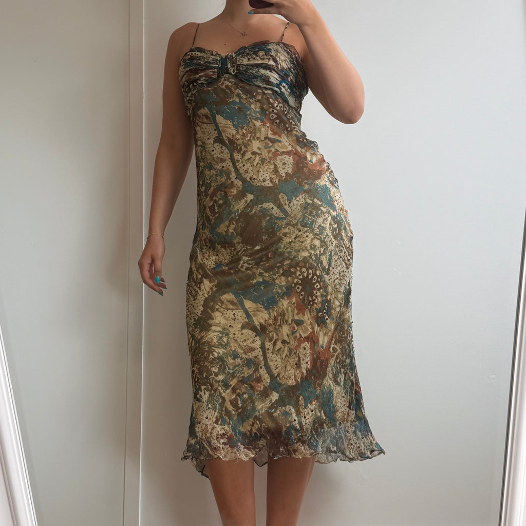 Neutral patterned sequin mesh midi dress with bolero