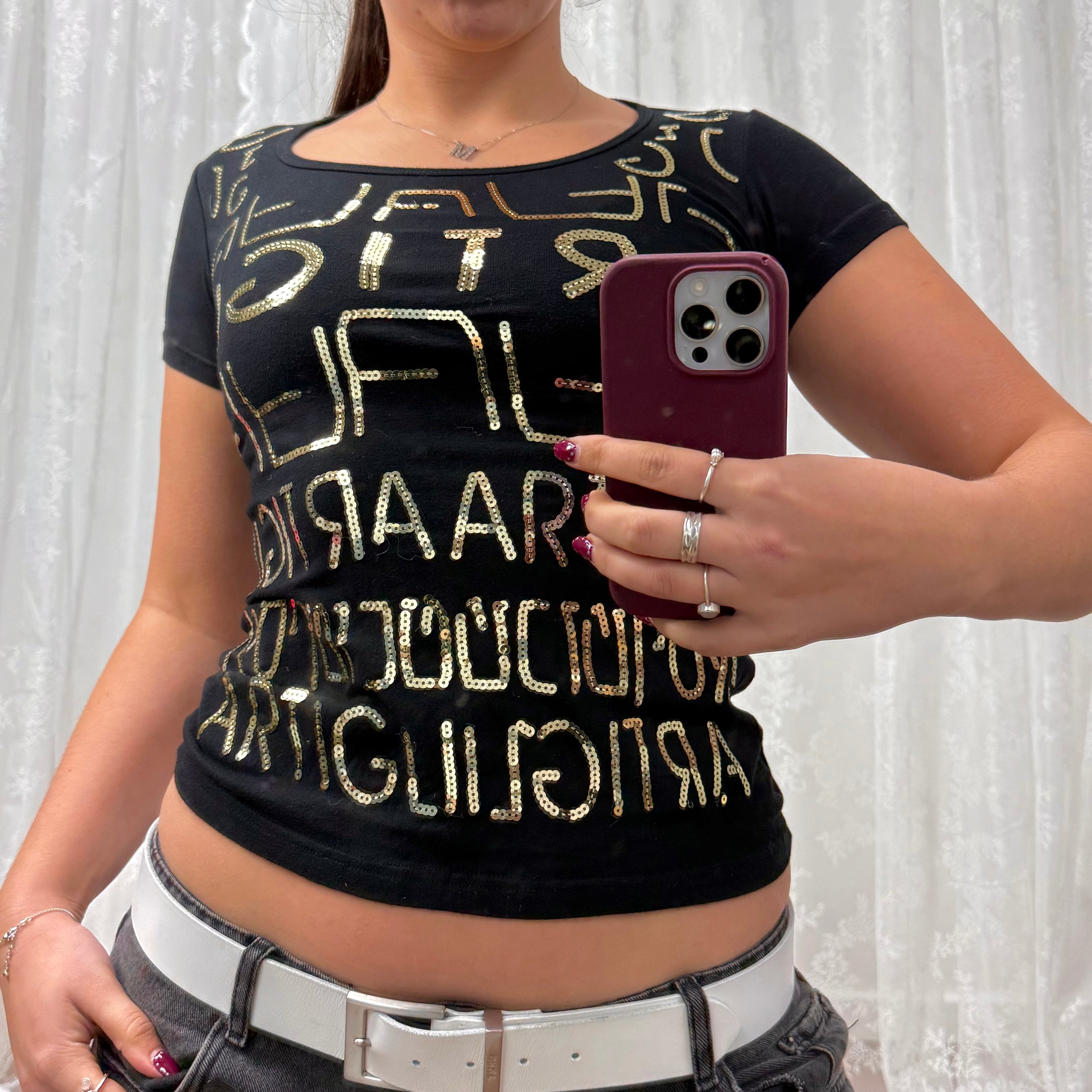 Black gold sequin baby tee