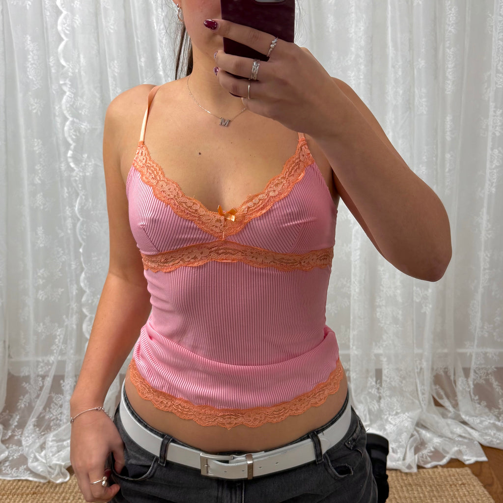 Pink and orange lace cami top