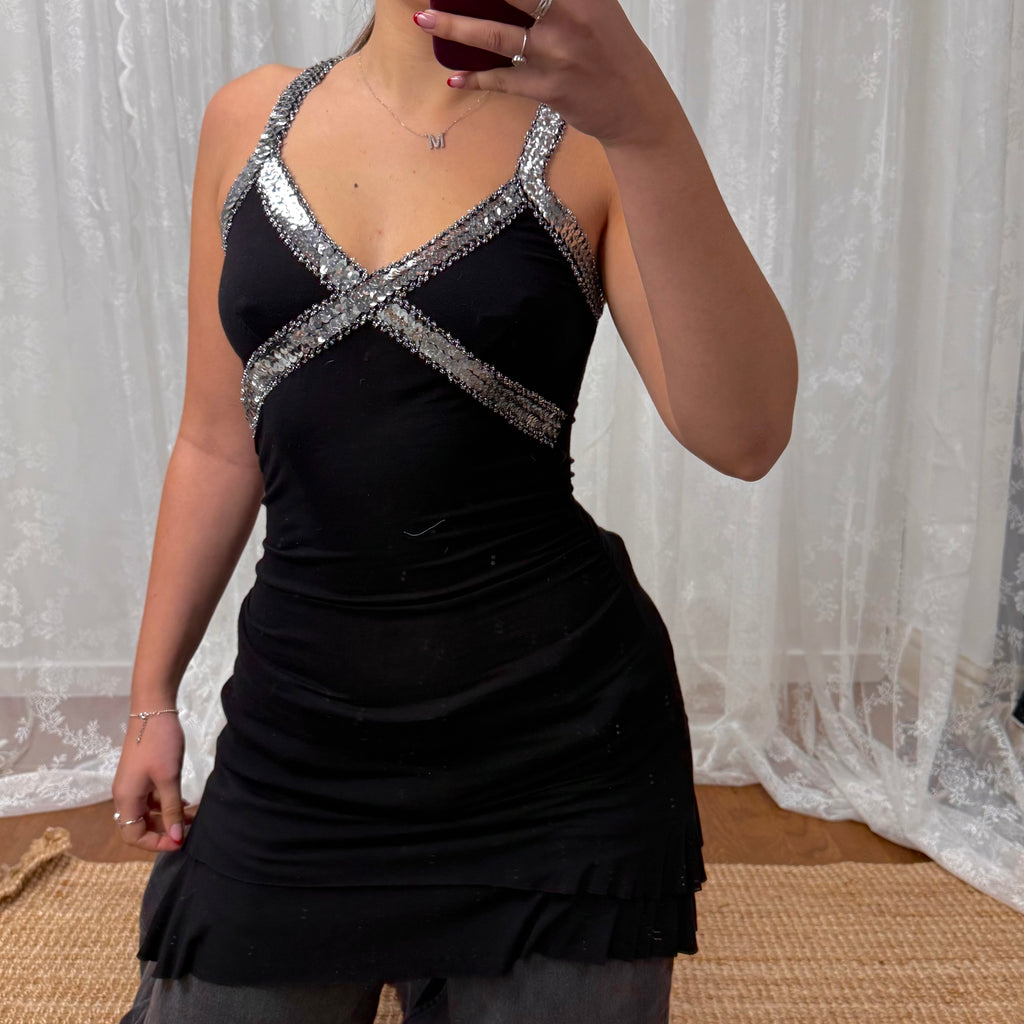 Black and silver sequin tiered mini dress