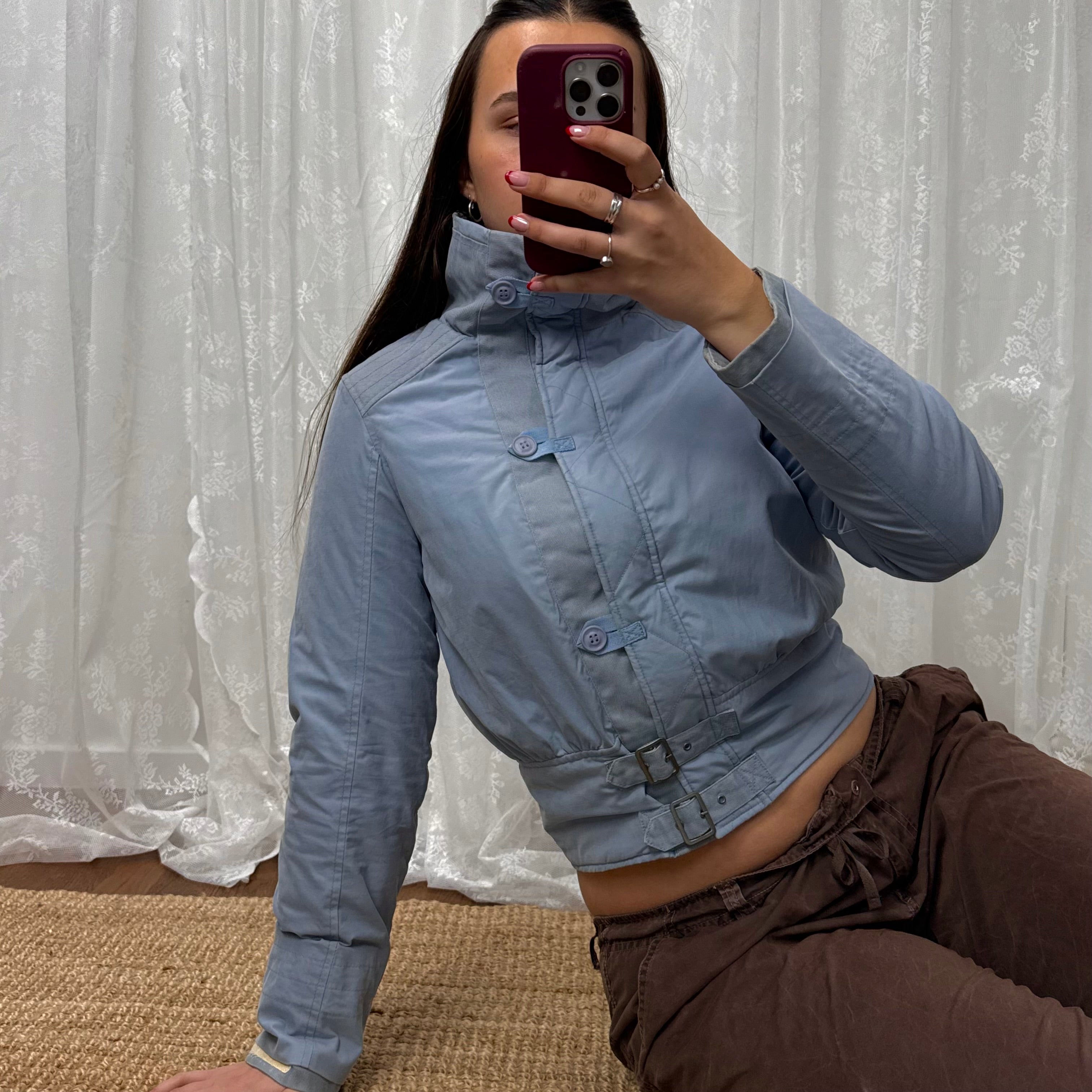 Blue padded cargo jacket with embroidered back