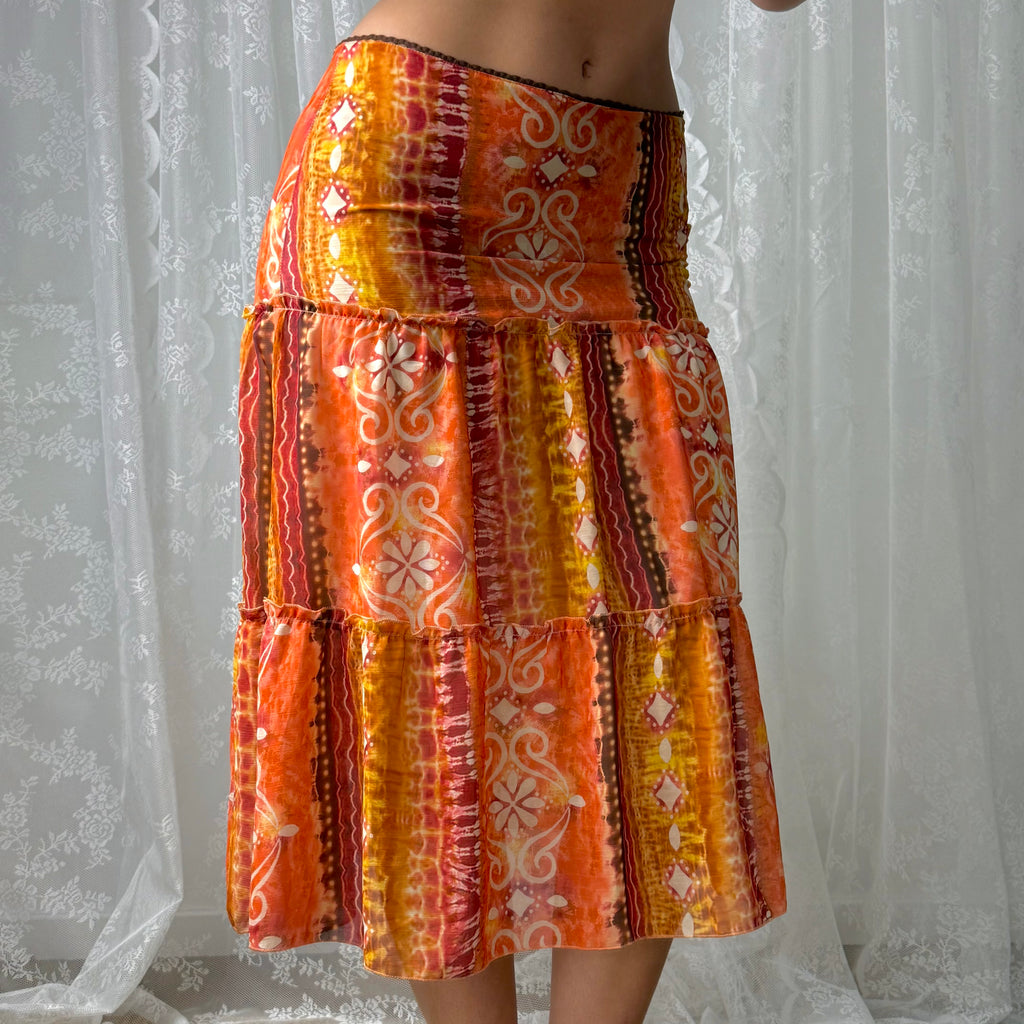 Orange and pink mesh midi skirt