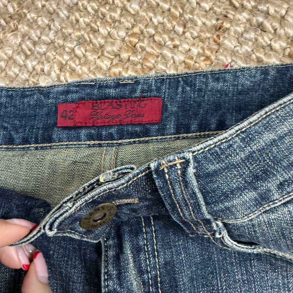 Blue denim mini skirt with black lace