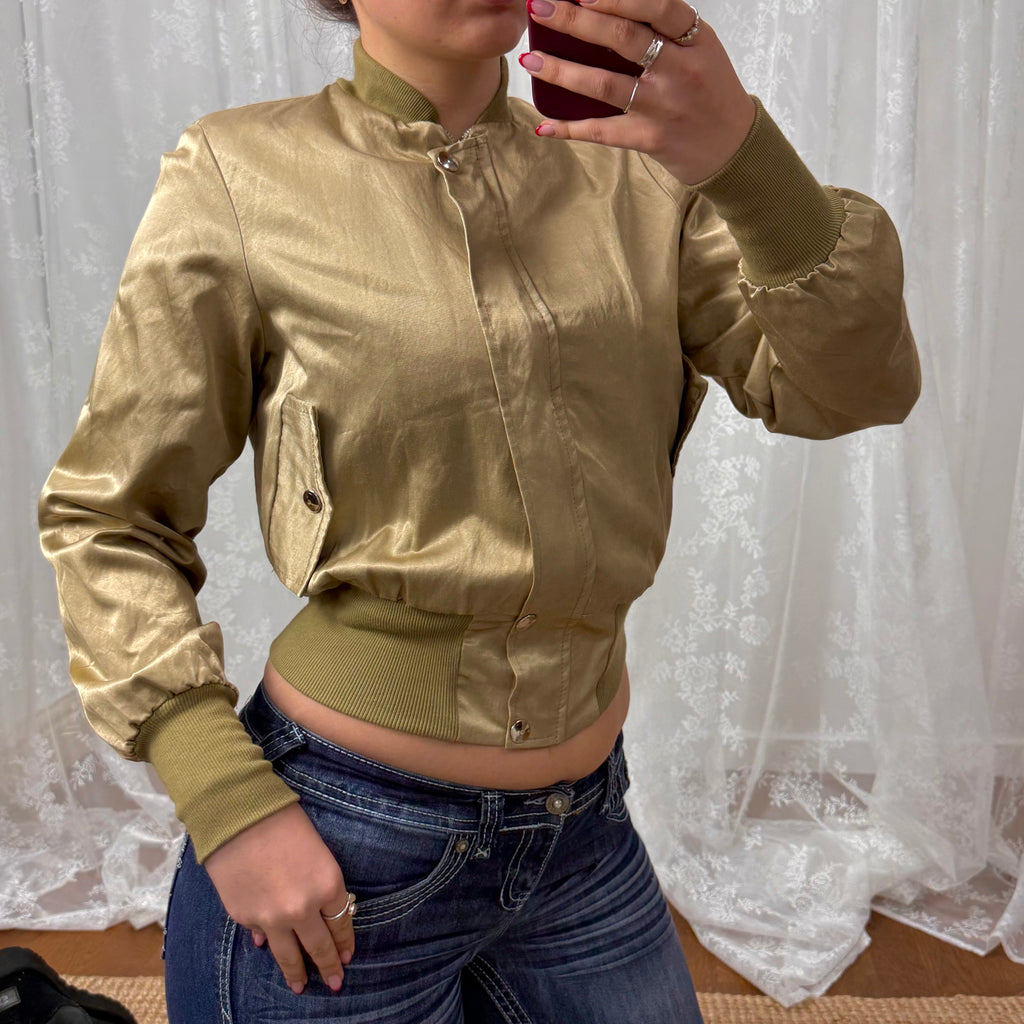 Green shiny satin bomber jacket