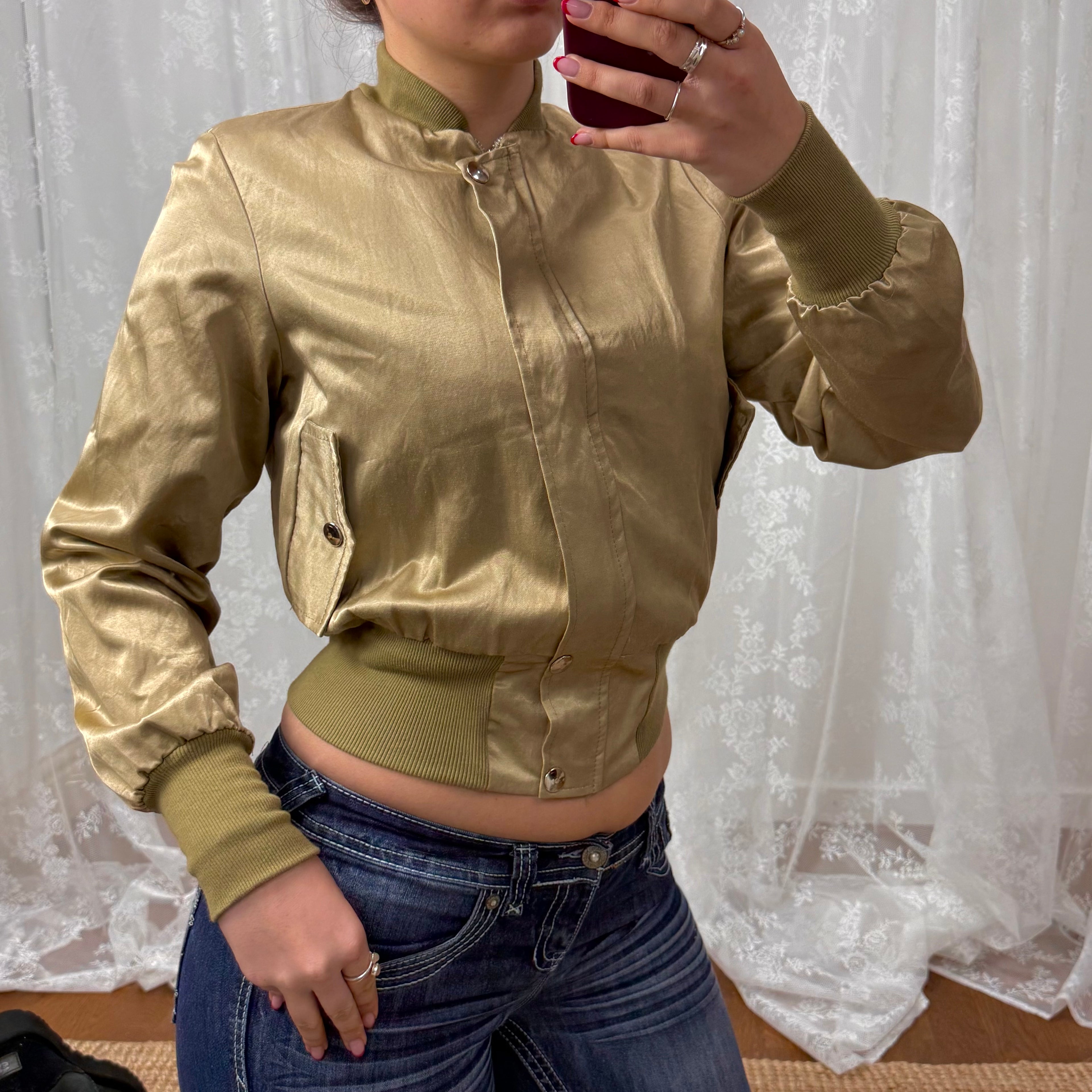 Green shiny satin bomber jacket