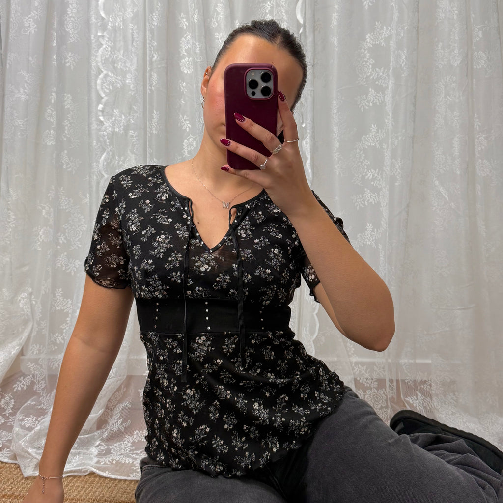 Black and white floral mesh top