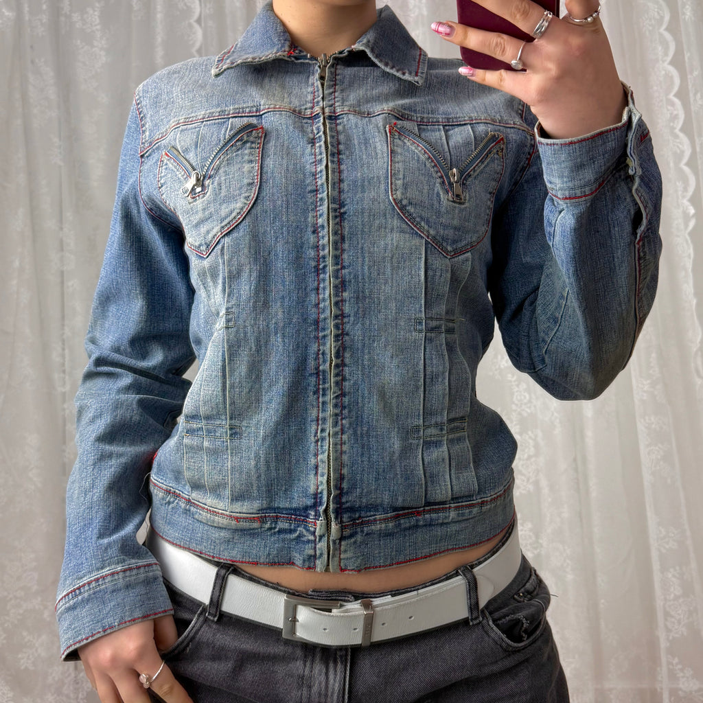 Blue denim zip detailed jacket
