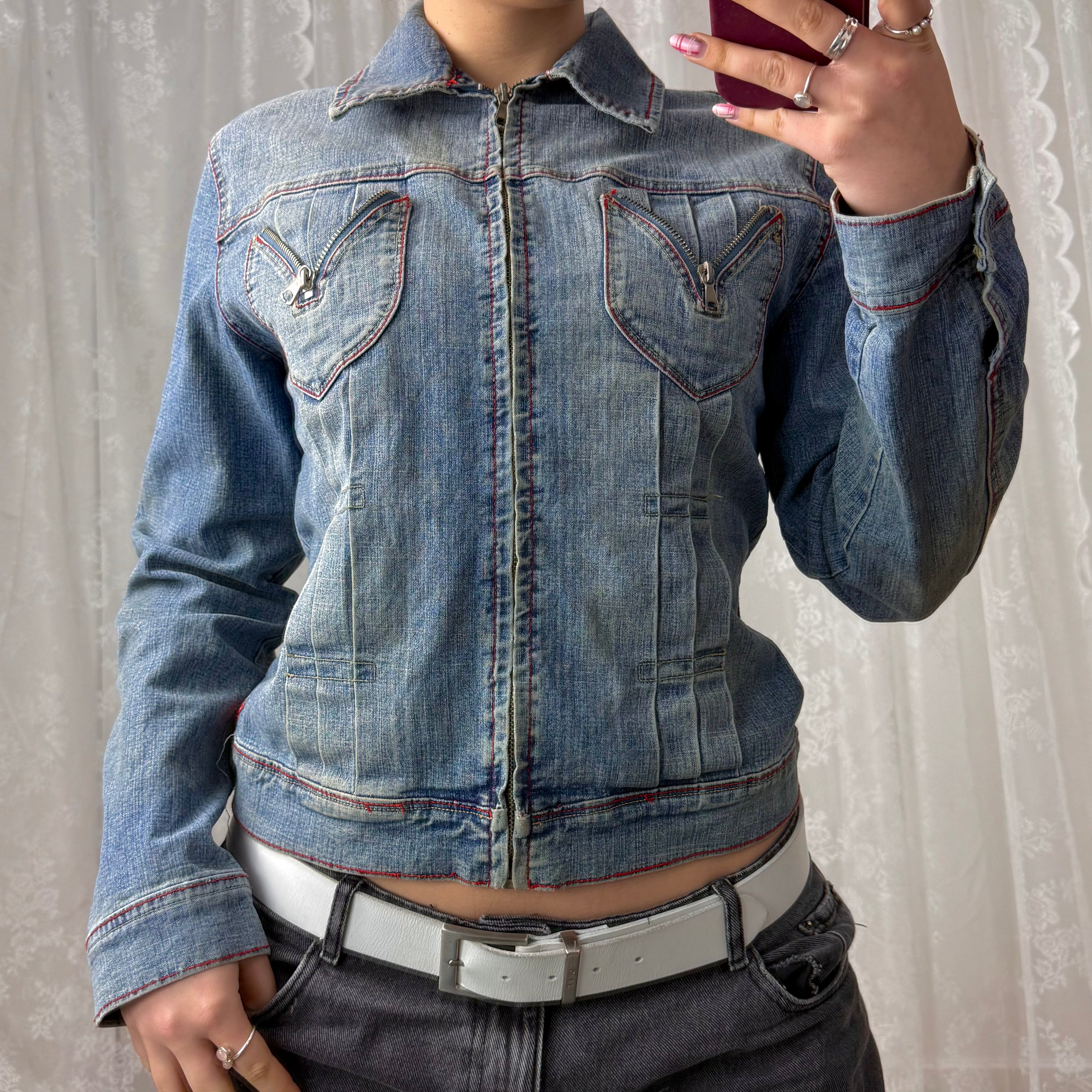 Blue denim zip detailed jacket