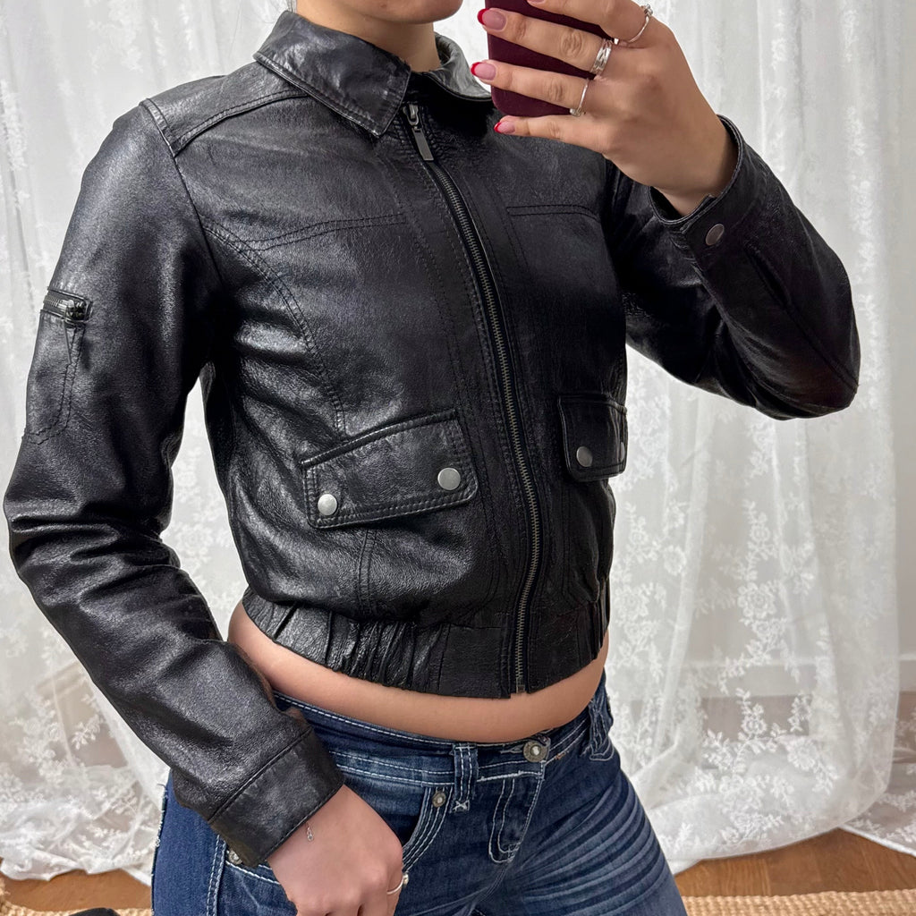 Black shiny leather bomber jacket