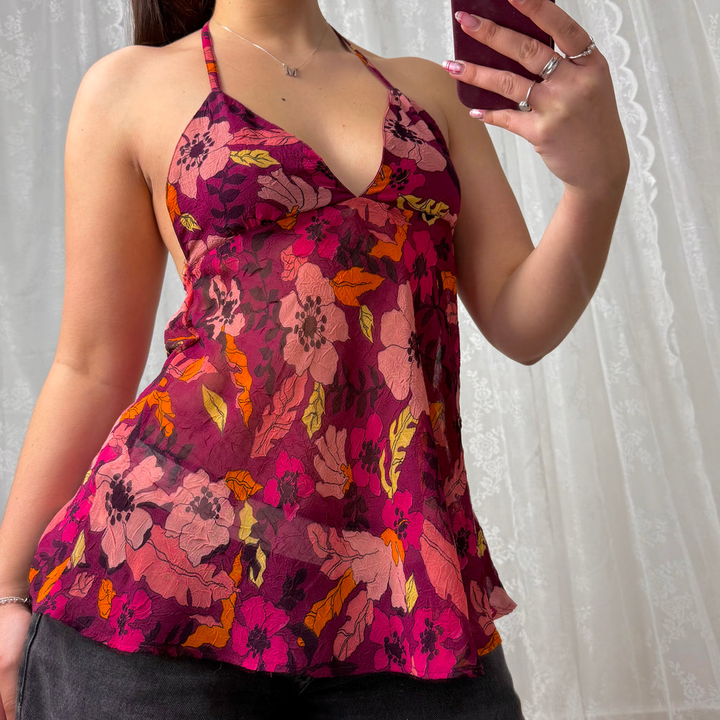 Floral pink floaty chiffon halterneck top