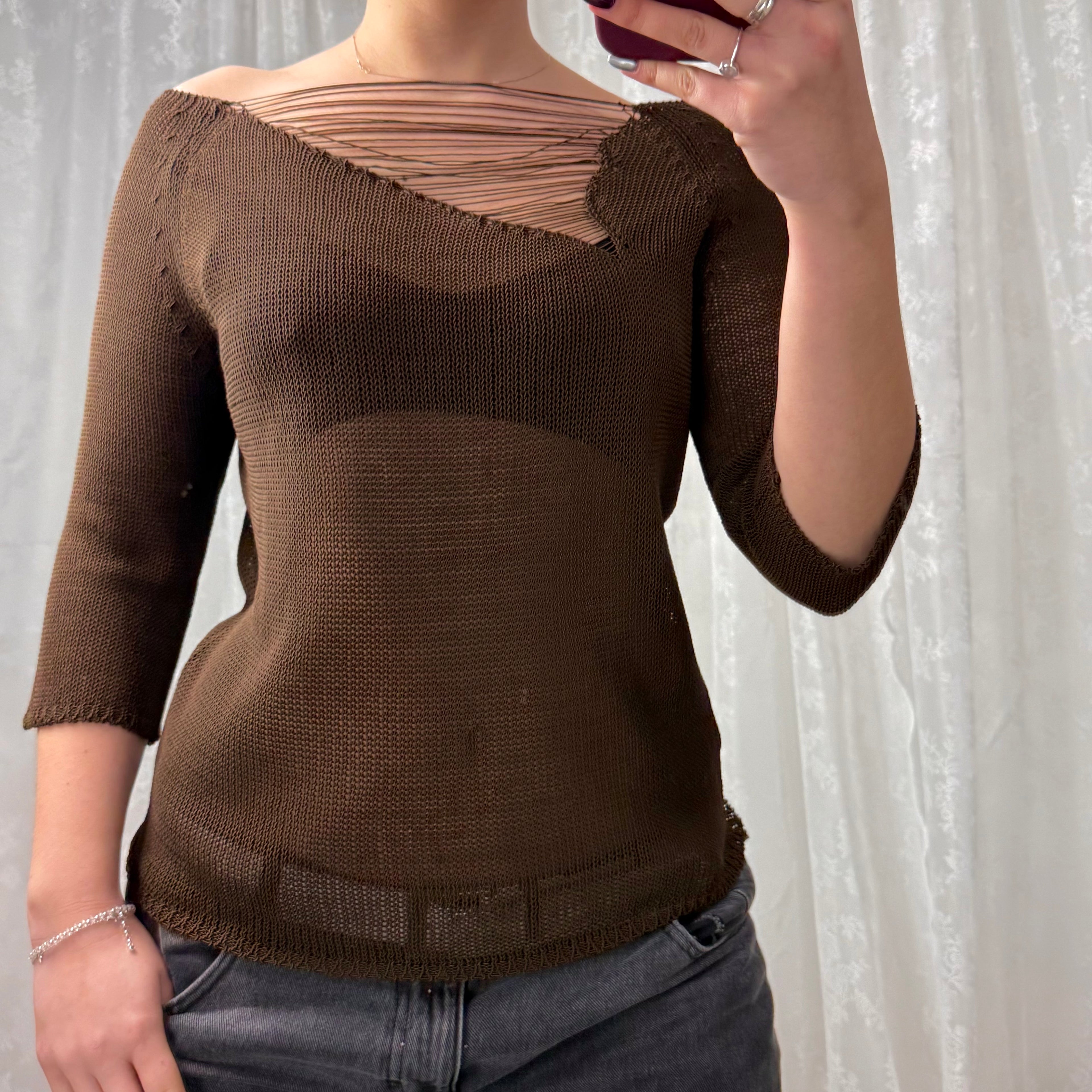 Brown crotchet detailed sweater