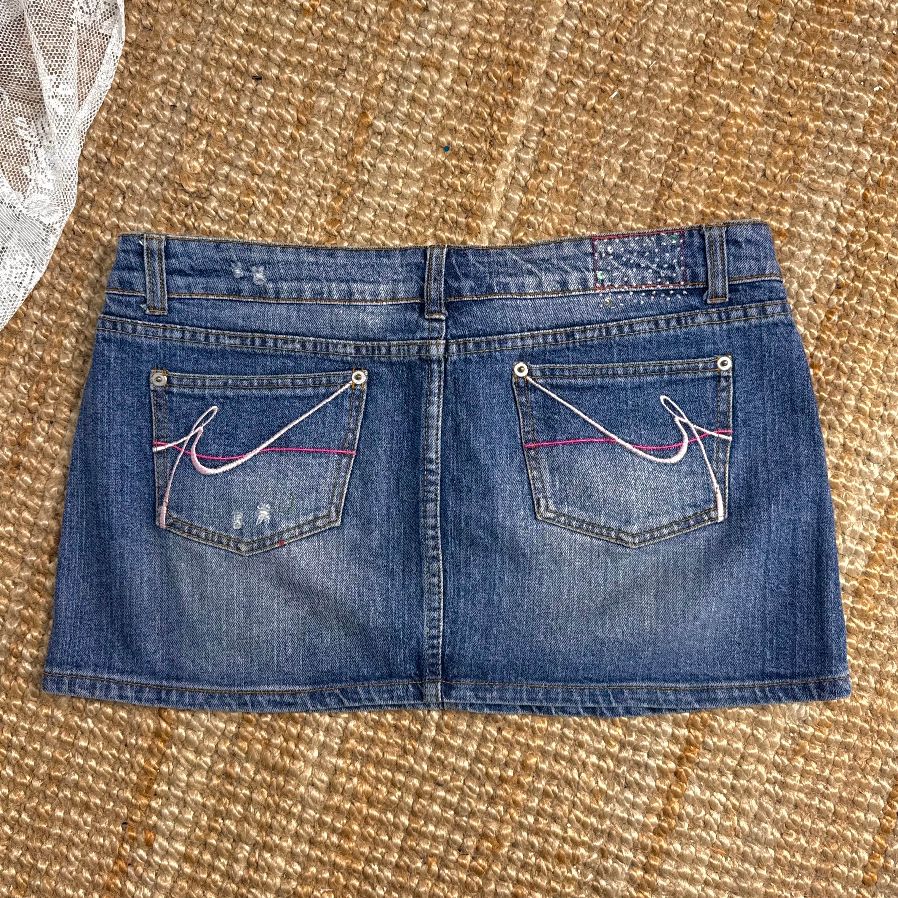 Blue denim sequin low waisted mini skirt