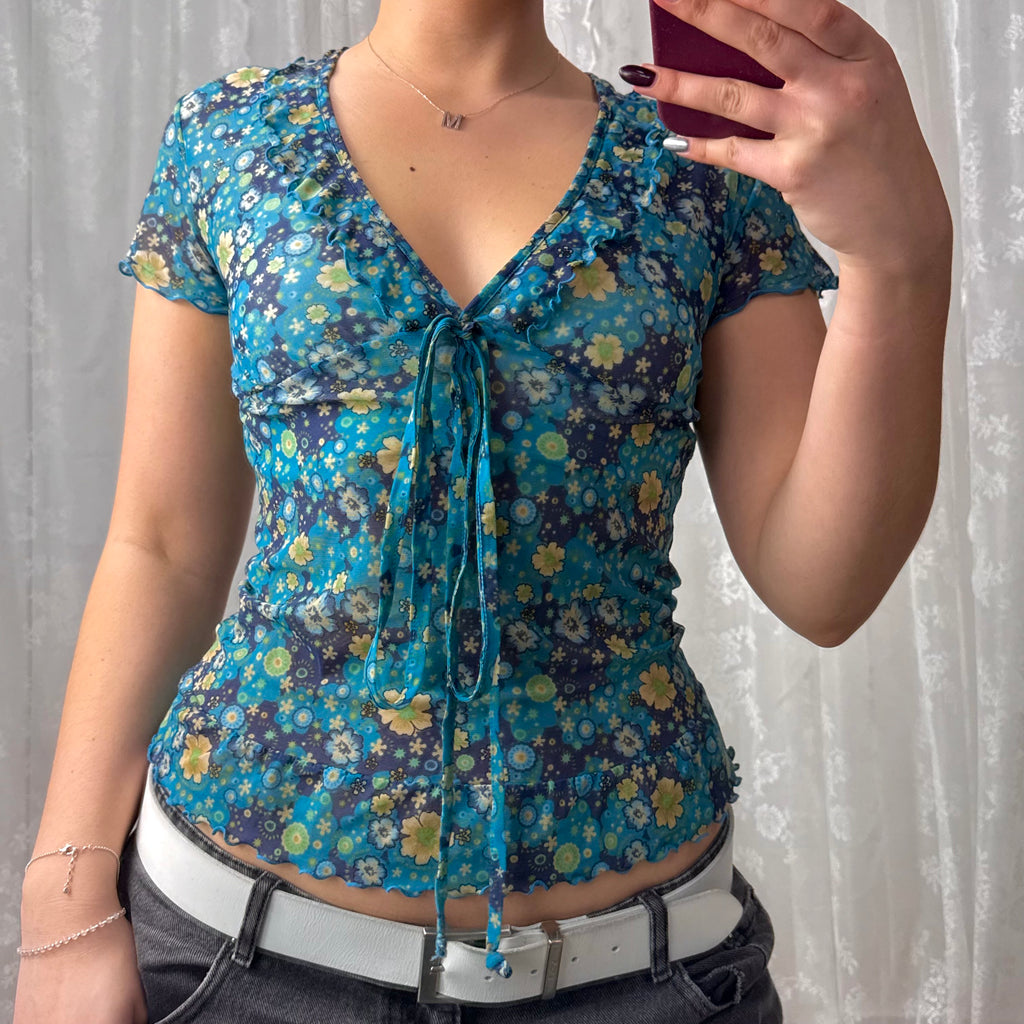 Blue mesh short sleeved floral top