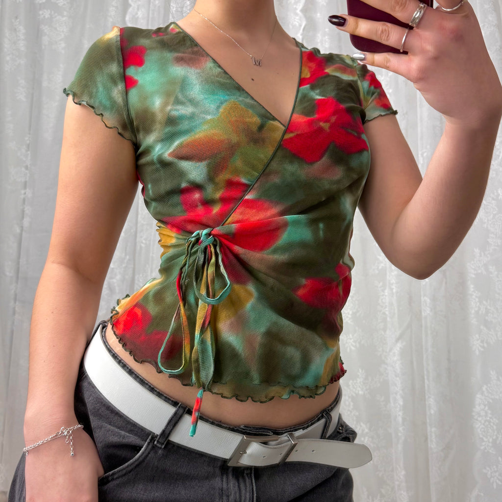 Multicoloured mesh wrap style top