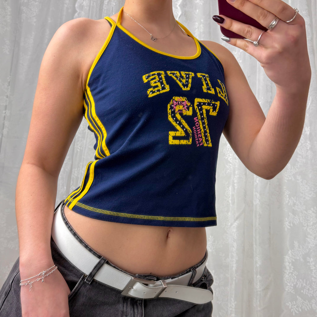 Blue and yellow detailed tank top with halterneck detail