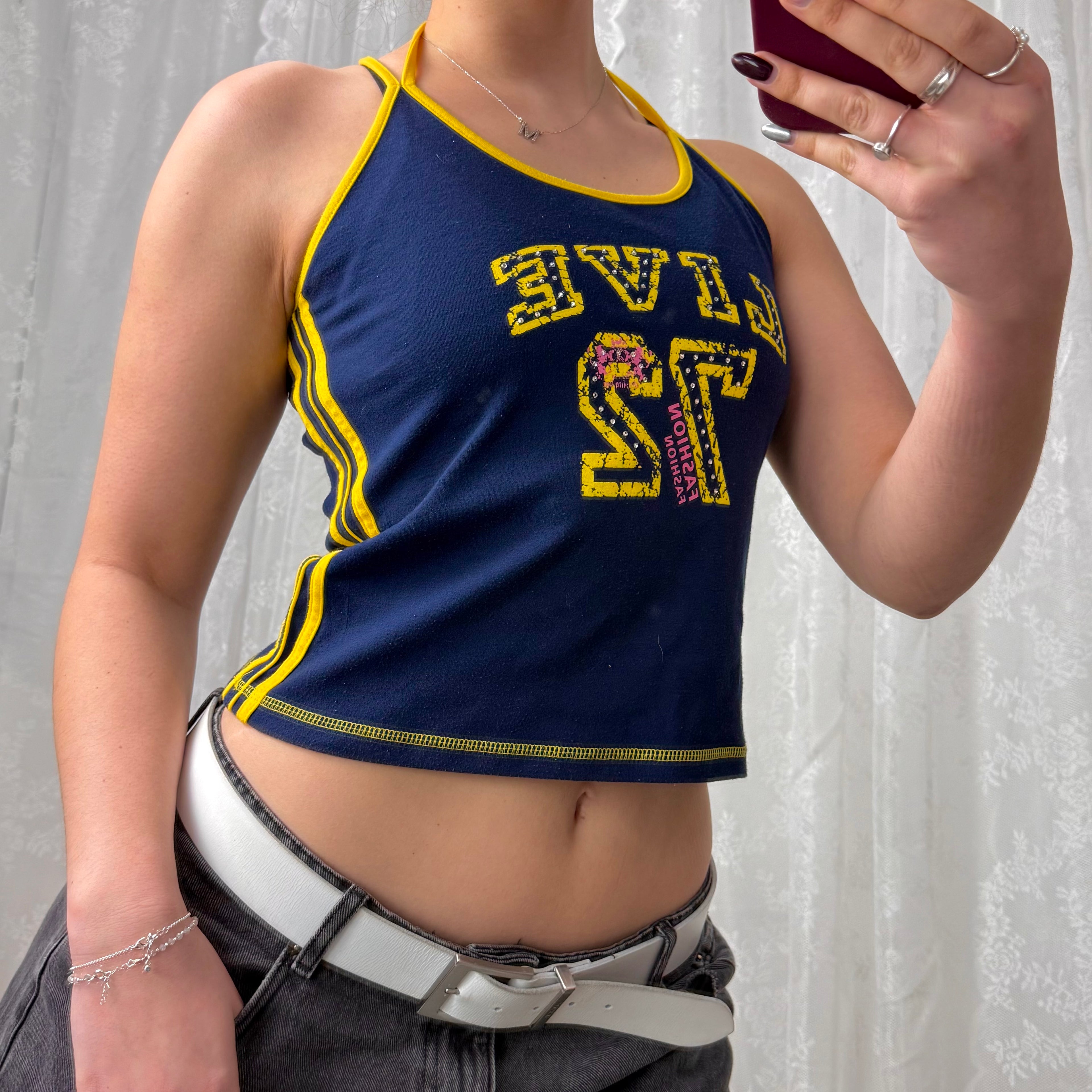Blue and yellow detailed tank top with halterneck detail