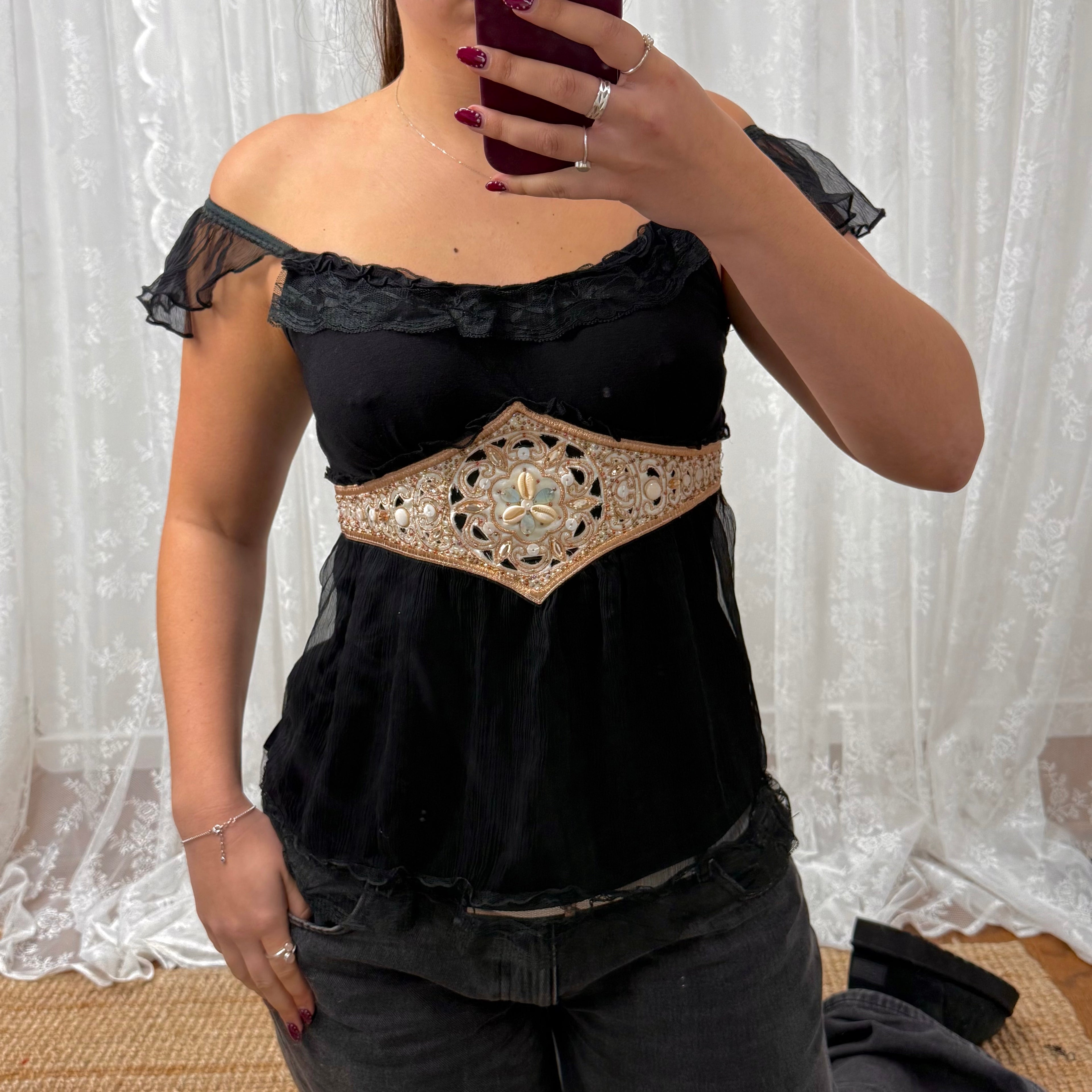 Vintage black ruffle sequin top