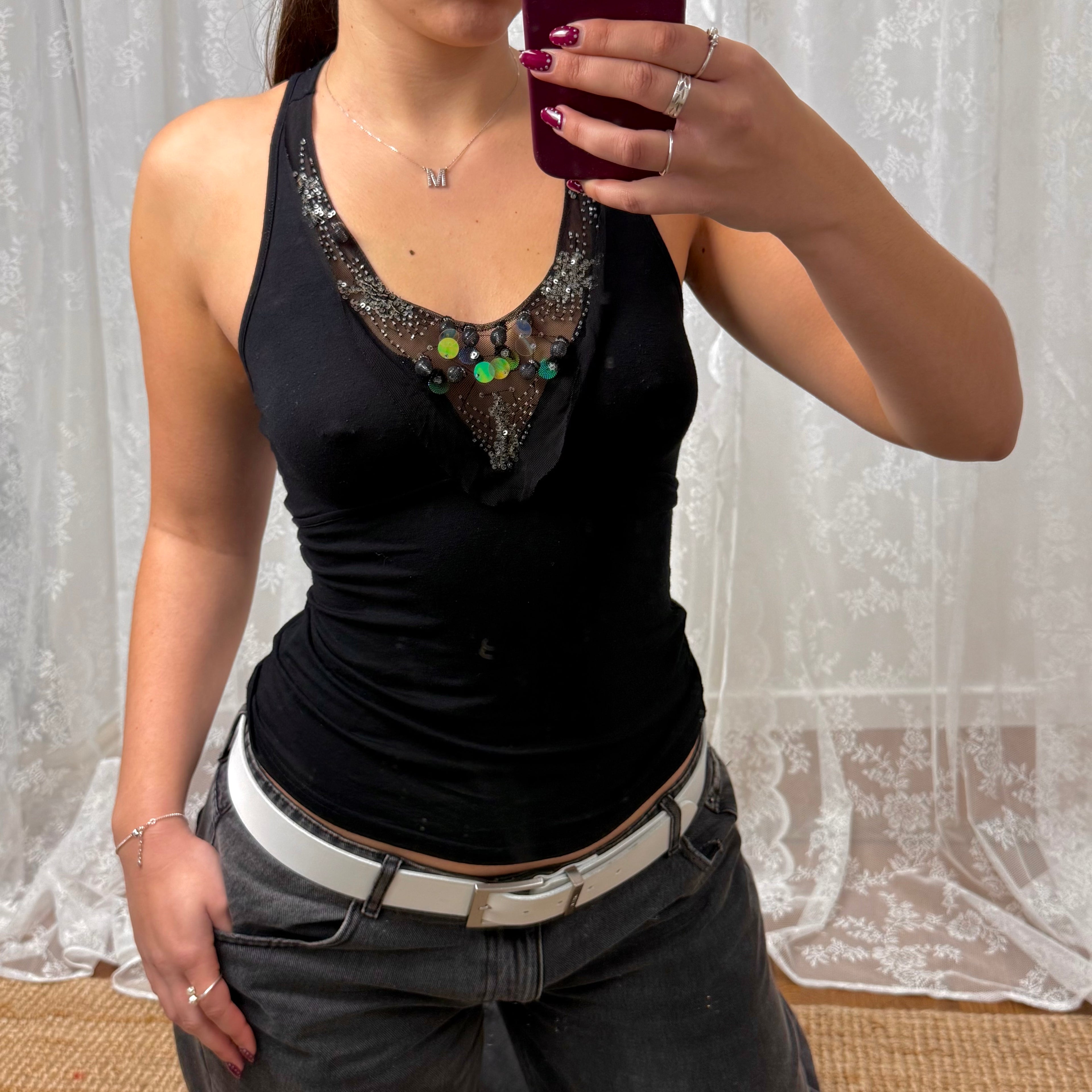 Black beaded cami top with tie back