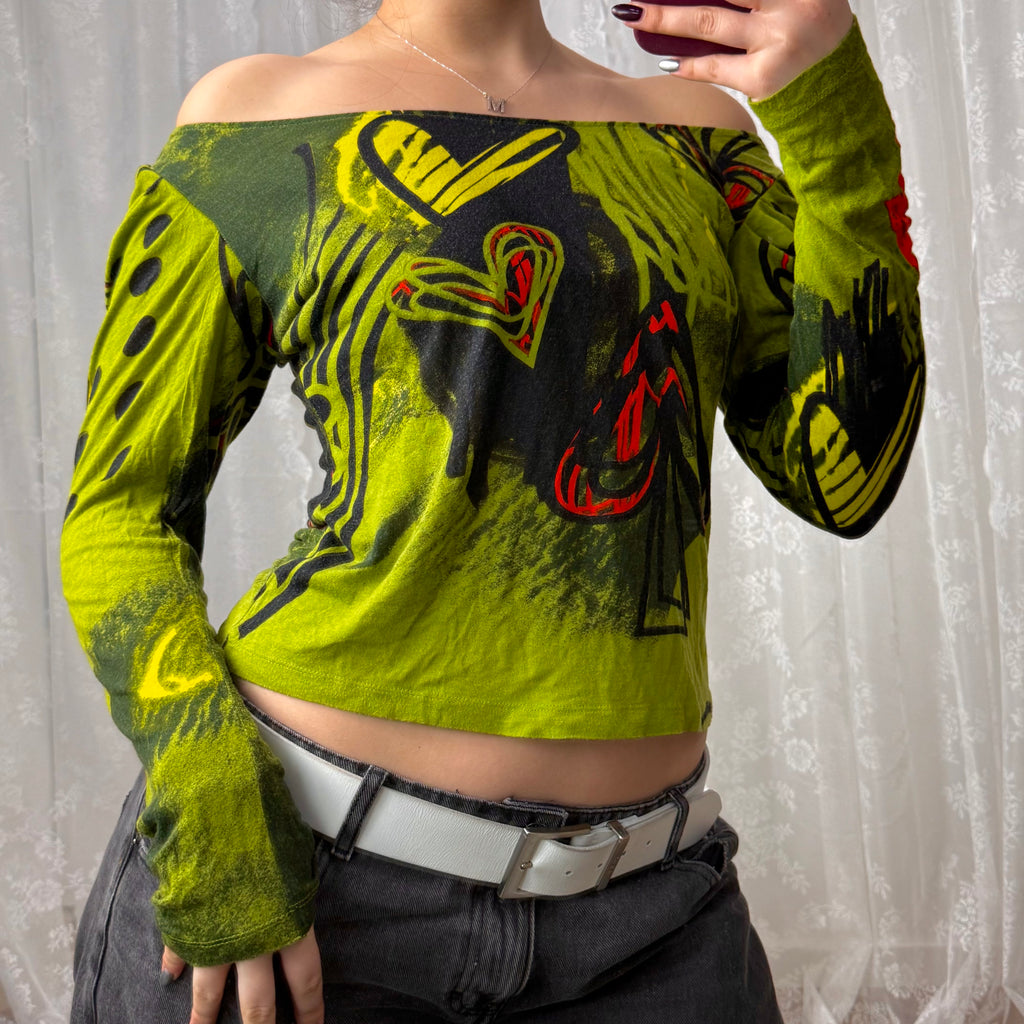 Green patterned off the shoulder long sleeved top