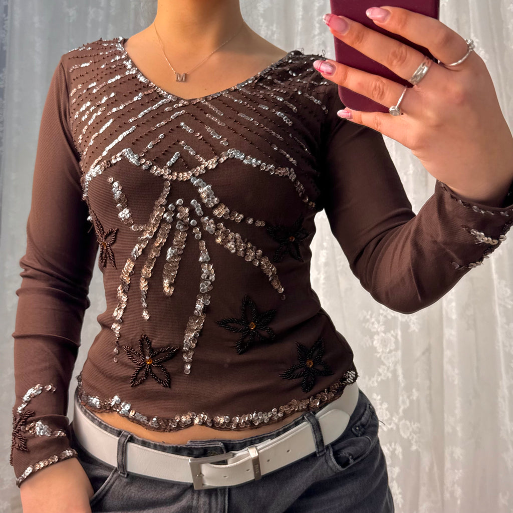 Brown mesh sequin long sleeved top