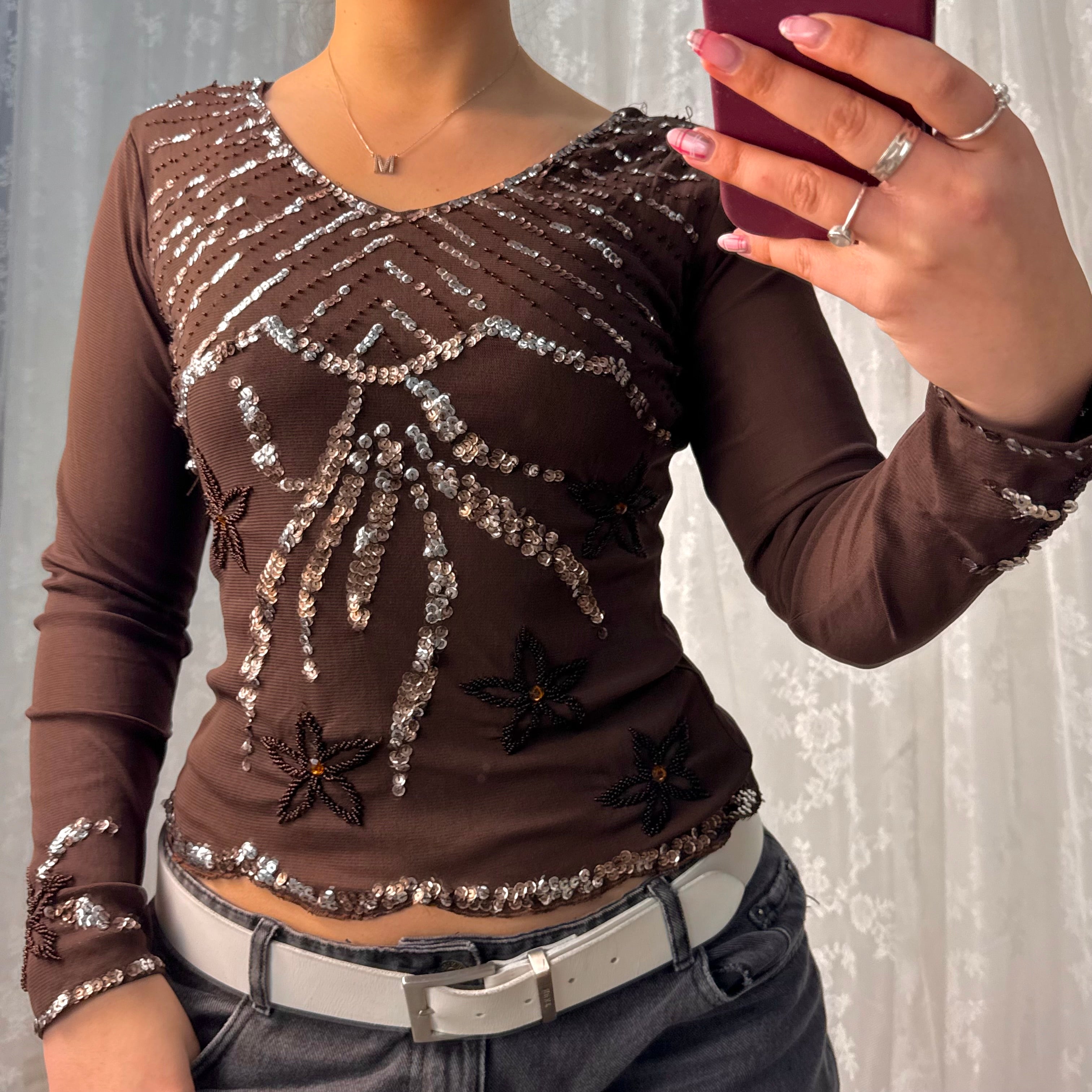 Brown mesh sequin long sleeved top