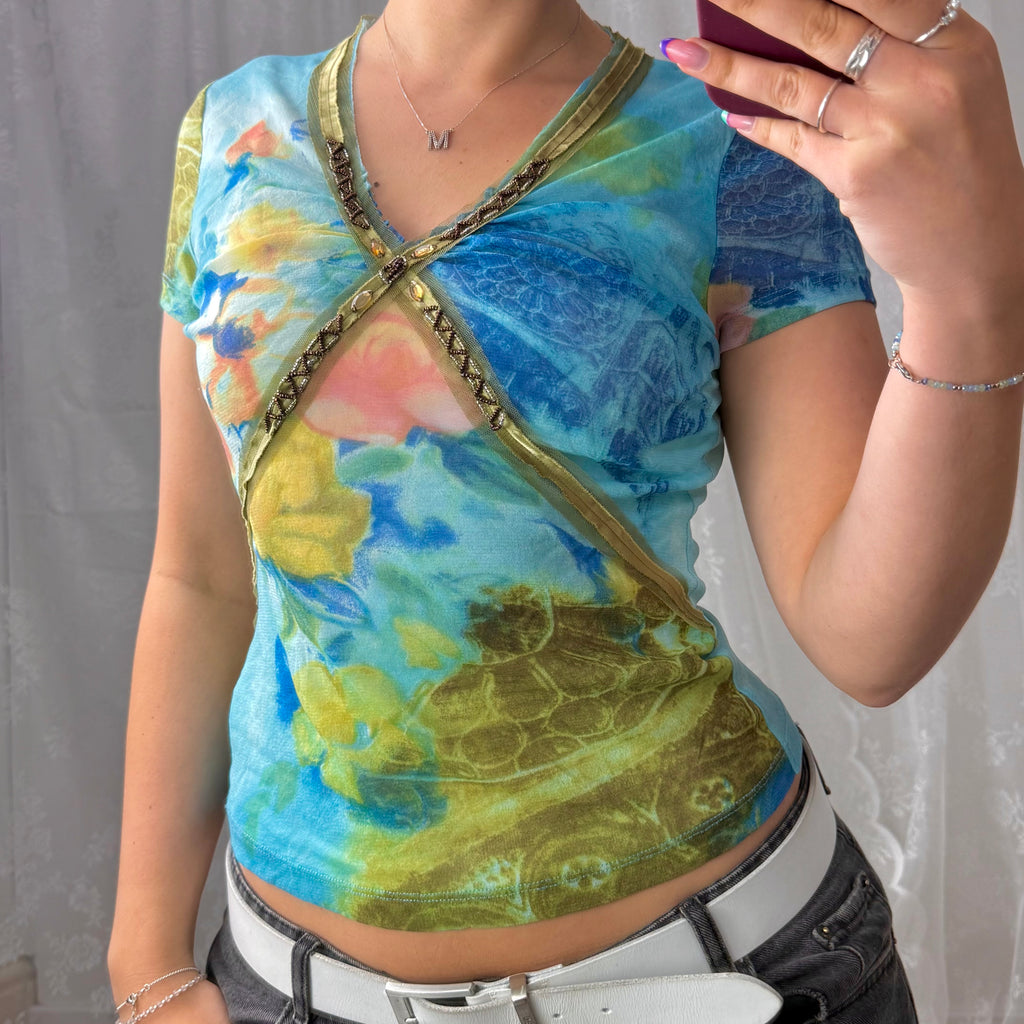 Multicoloured mesh patterned v neck top with gem detailing